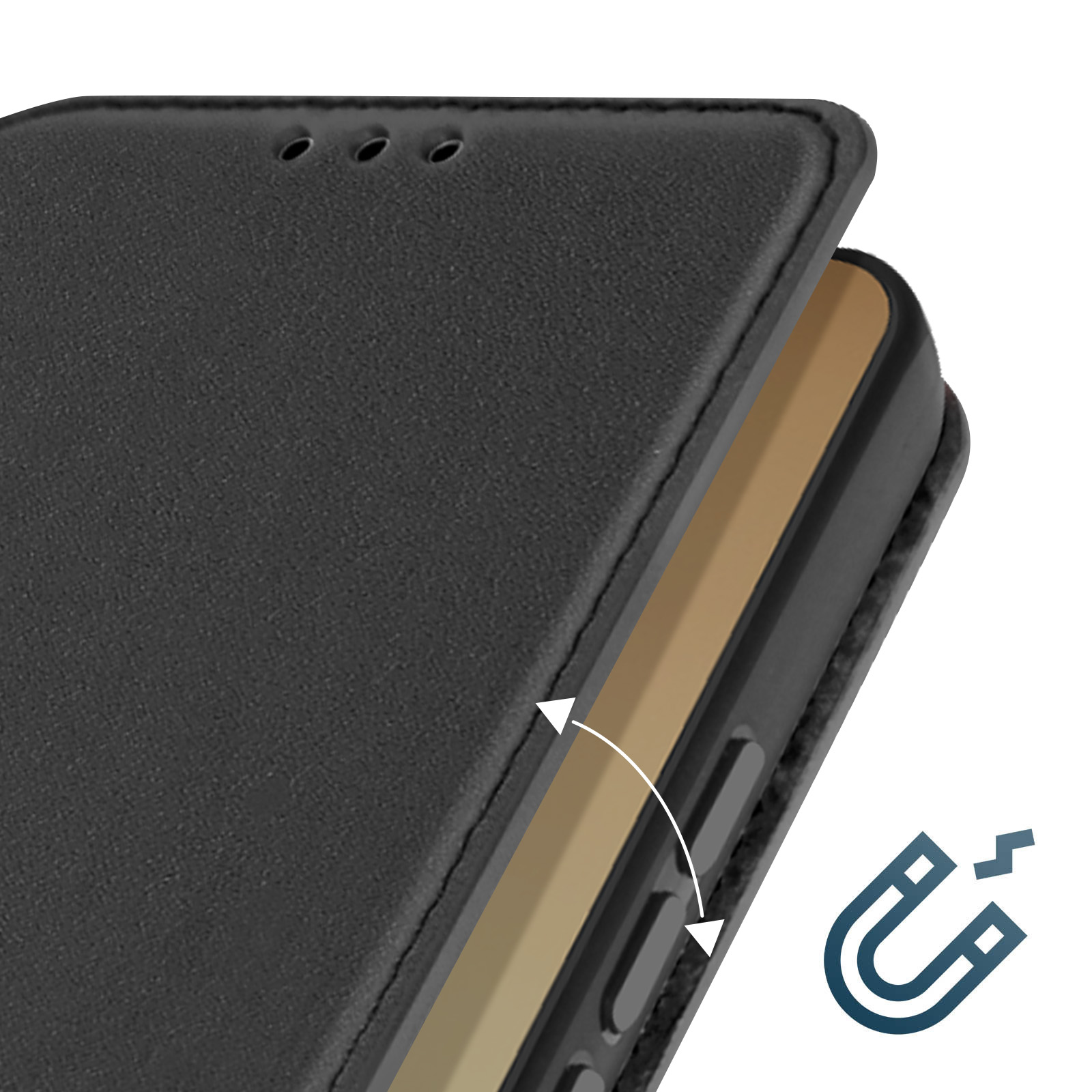 Primo piano di una custodia nera per telefono, con chiusura magnetica e telefono all'interno.