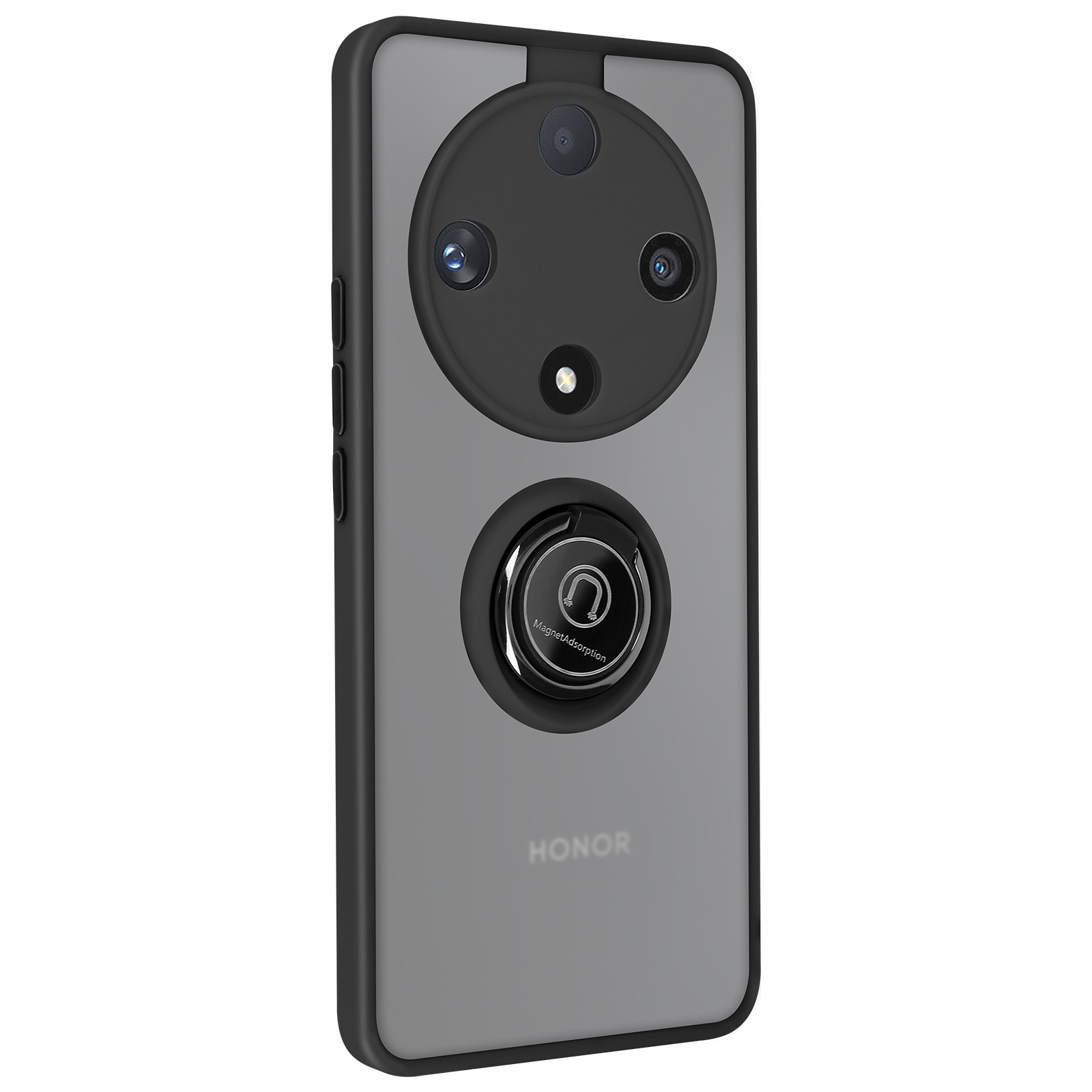 Custodia per telefono, retro grigio, tre fotocamere in cerchio, cornice nera con anello.