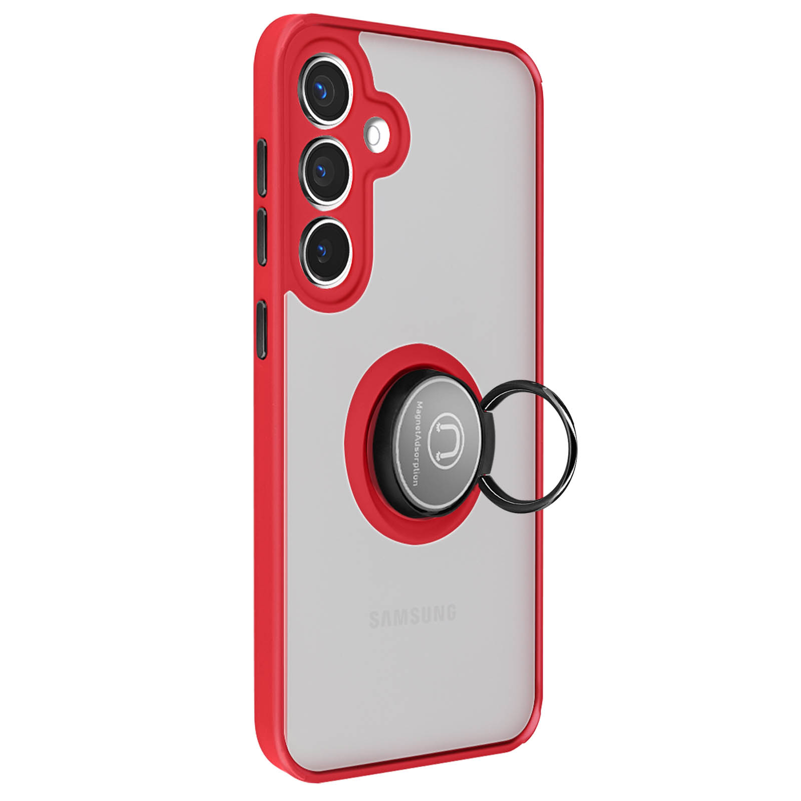 Custodia per telefono rossa con anello. Portanello argentato con il logo Samsung e sfondo bianco.