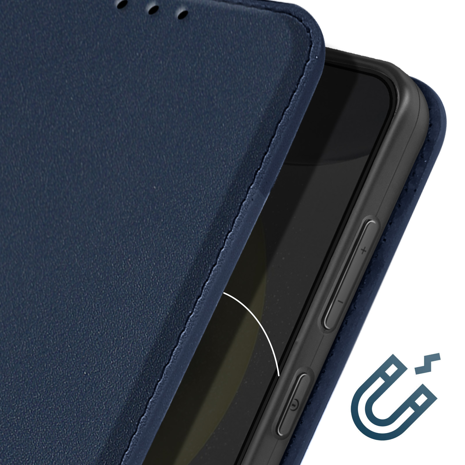 Custodia blu per telefono con chiusura magnetica, aperta per mostrare il lato del telefono.