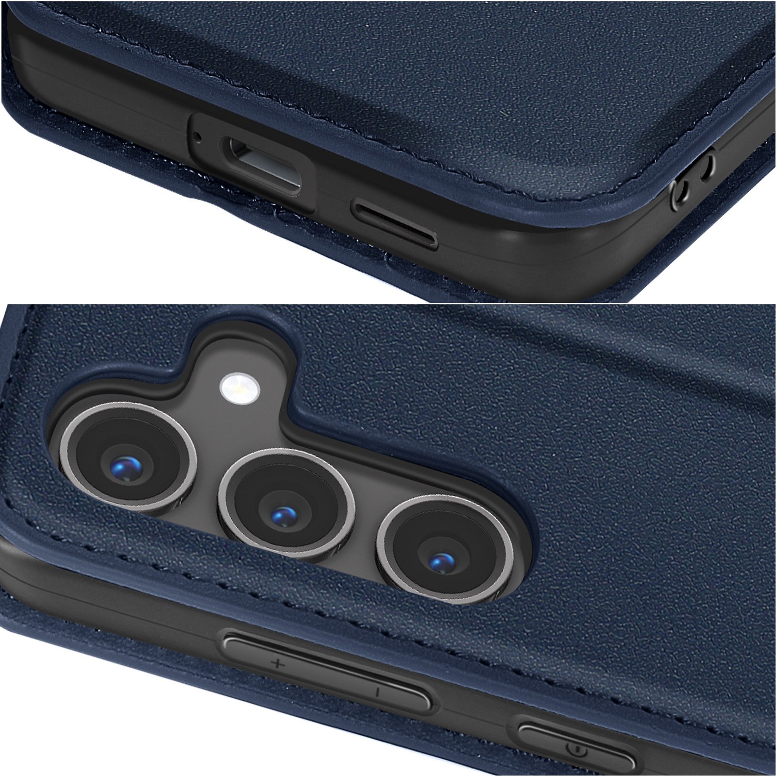 Primo piano di una custodia blu per telefono che mostra obiettivi della fotocamera e pulsanti laterali.