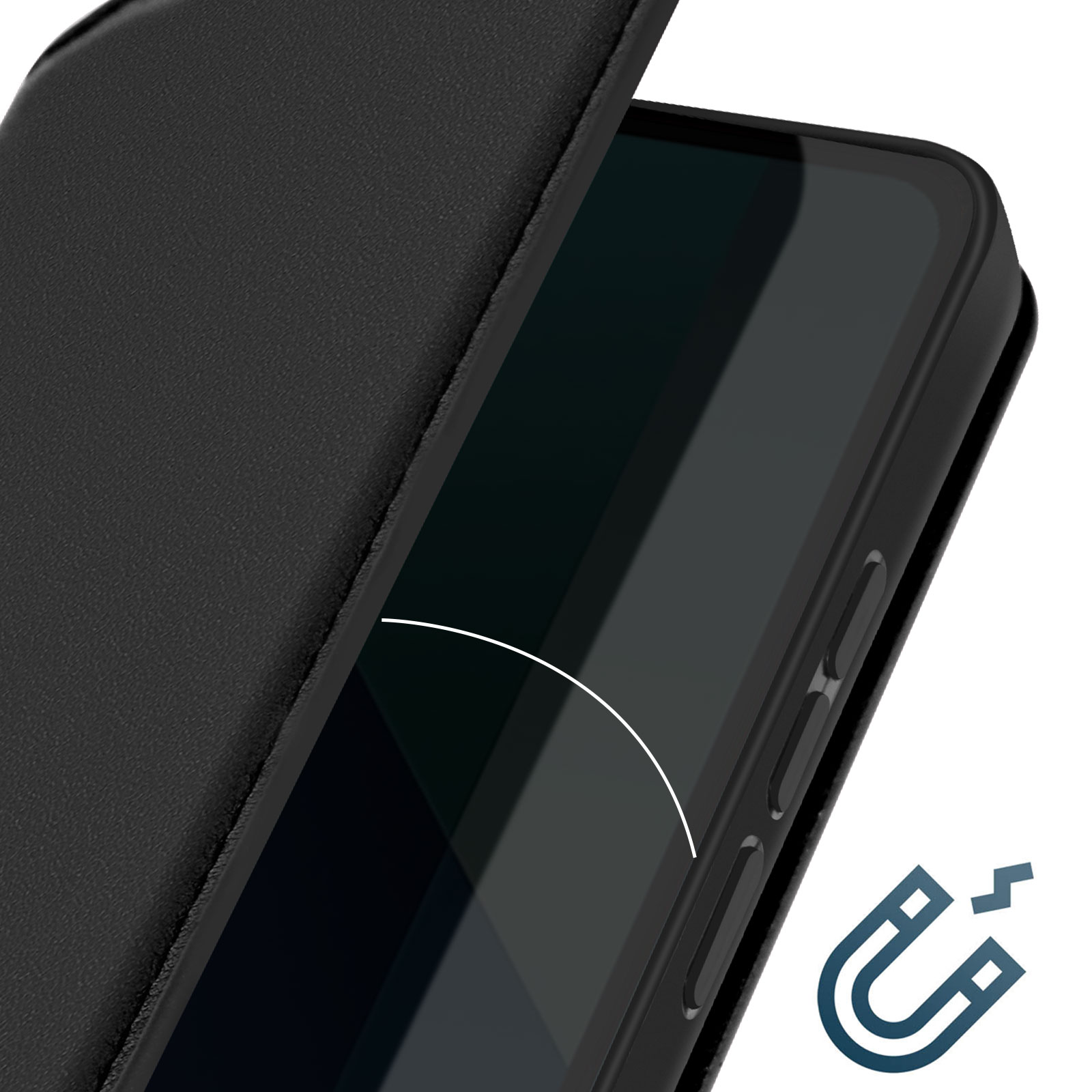 Un primo piano di una custodia per telefono con lo schermo visibile e un simbolo di magnete.