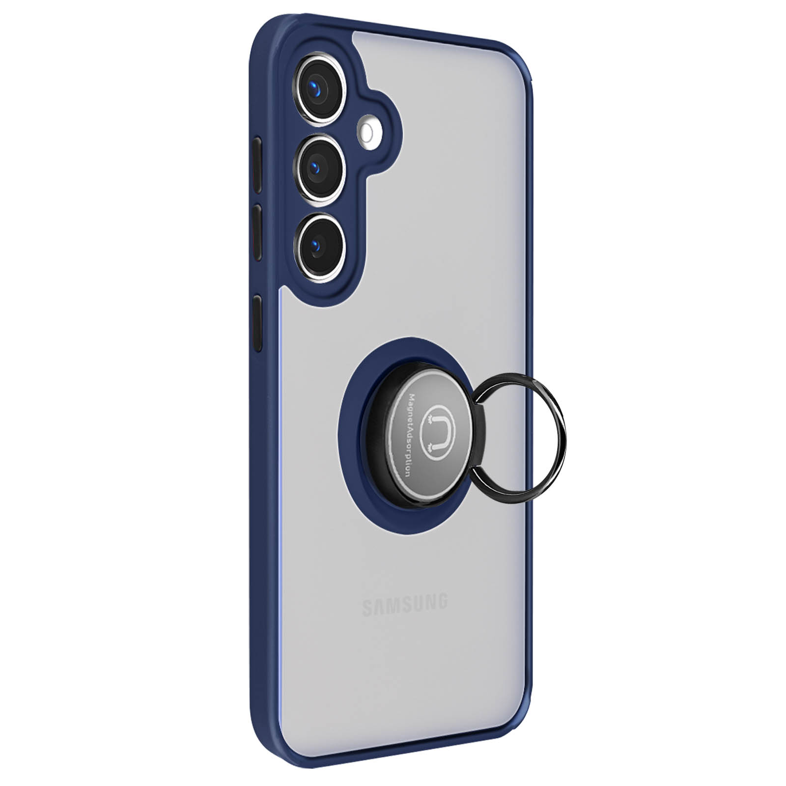 Custodia per telefono blu e trasparente con supporto ad anello sul retro. Logo Samsung visibile.