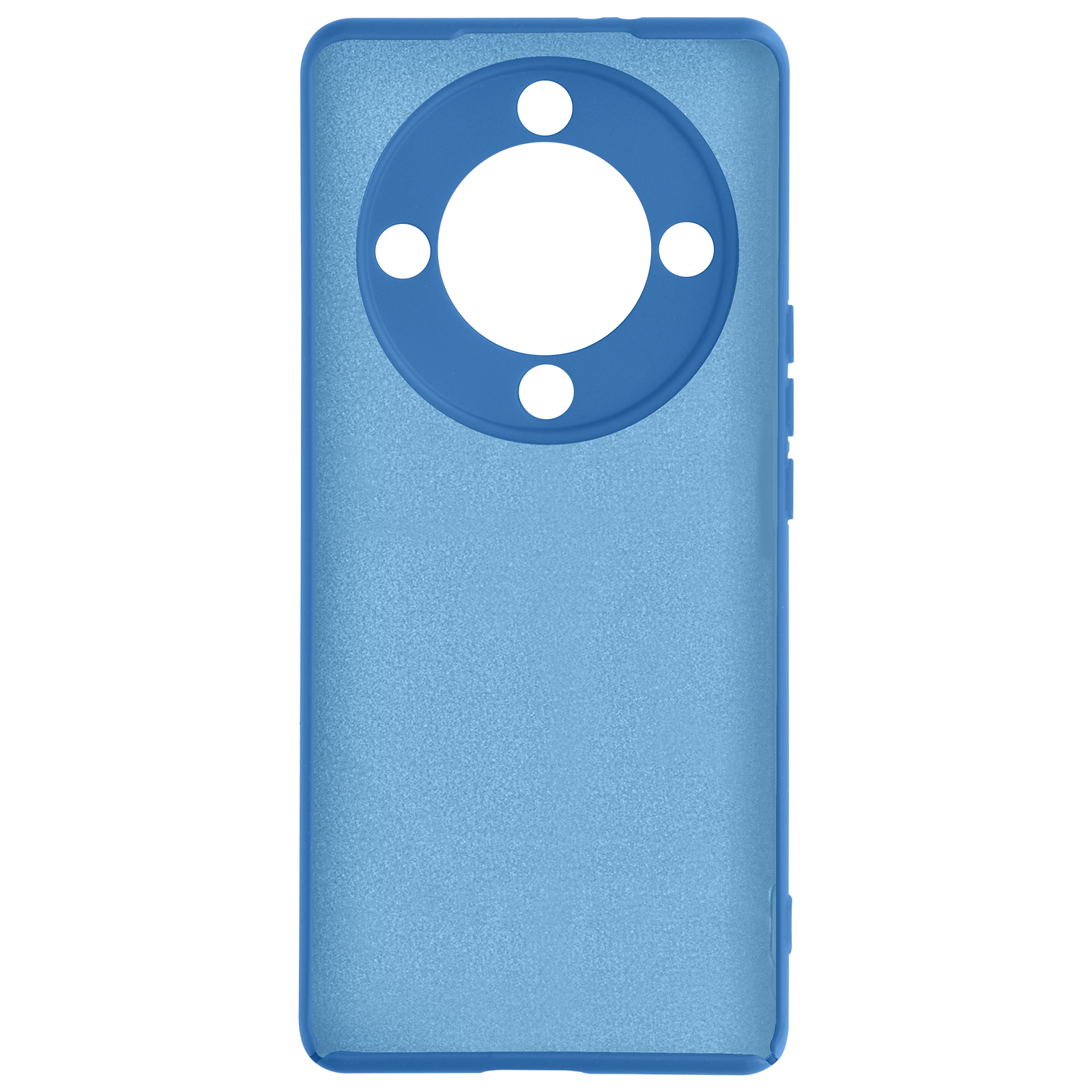Custodia blu per telefono con ritagli circolari per la fotocamera. Design semplice con il retro.