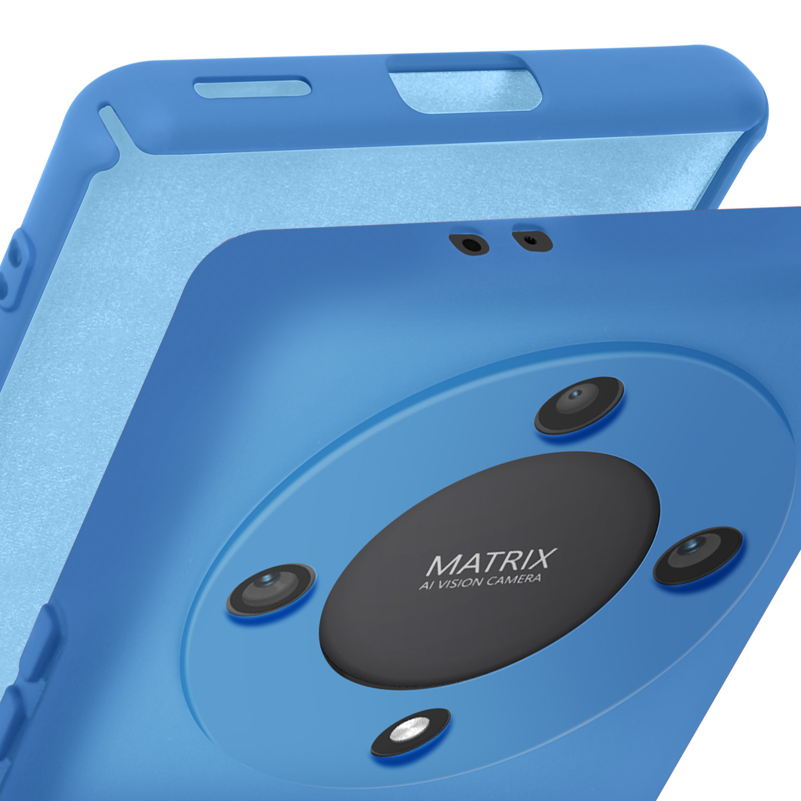 Una custodia per telefono blu con più fotocamere, aperta. Primo piano con l'interno della custodia visibile.