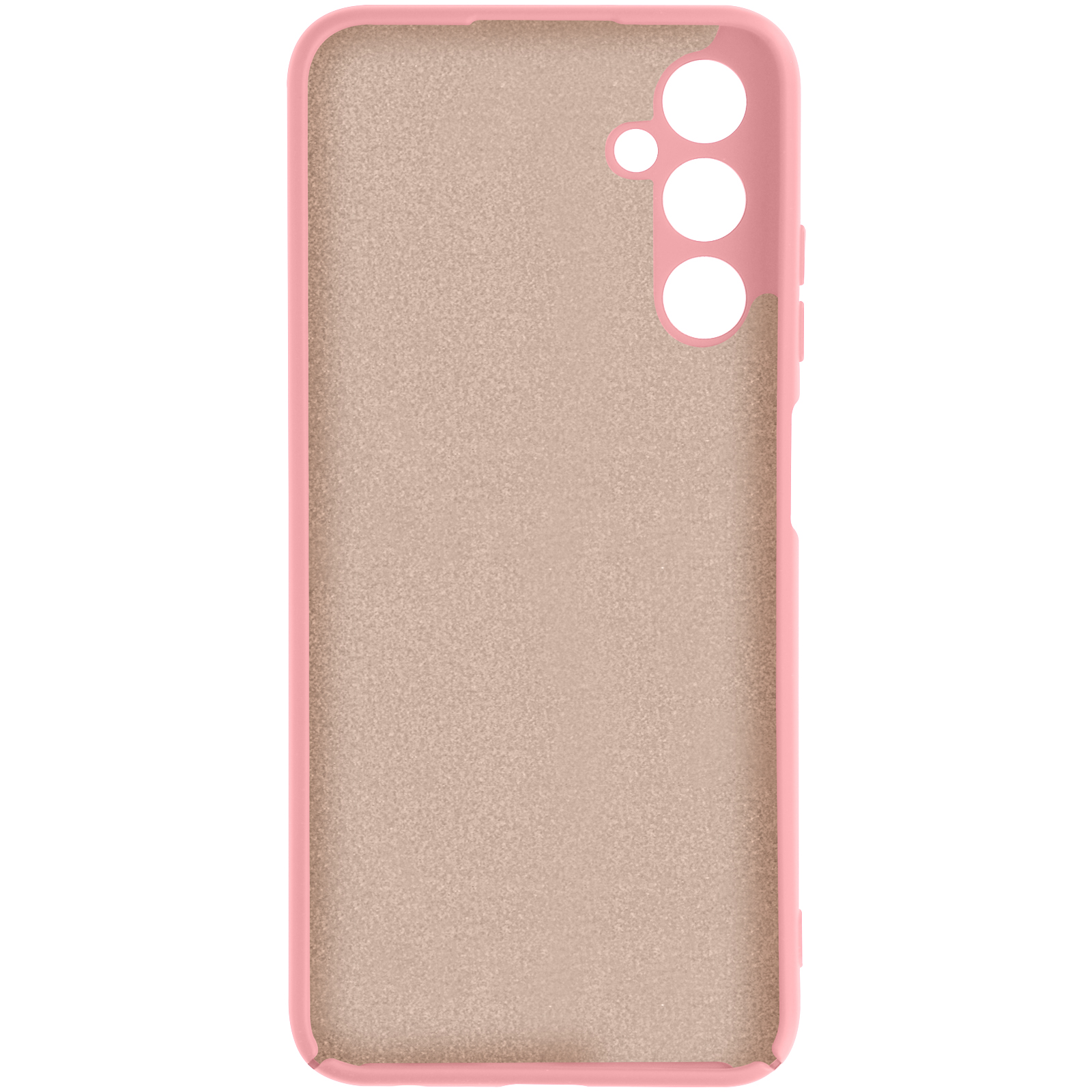 Una custodia rosa per telefono, che mostra l'interno. Ha tre fori per la fotocamera.