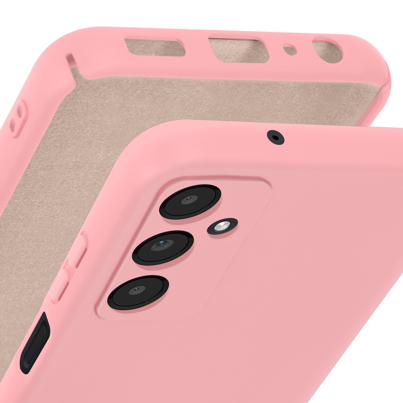 Un primo piano di una custodia rosa per telefono con lenti della fotocamera. L'interno della custodia è visibile.