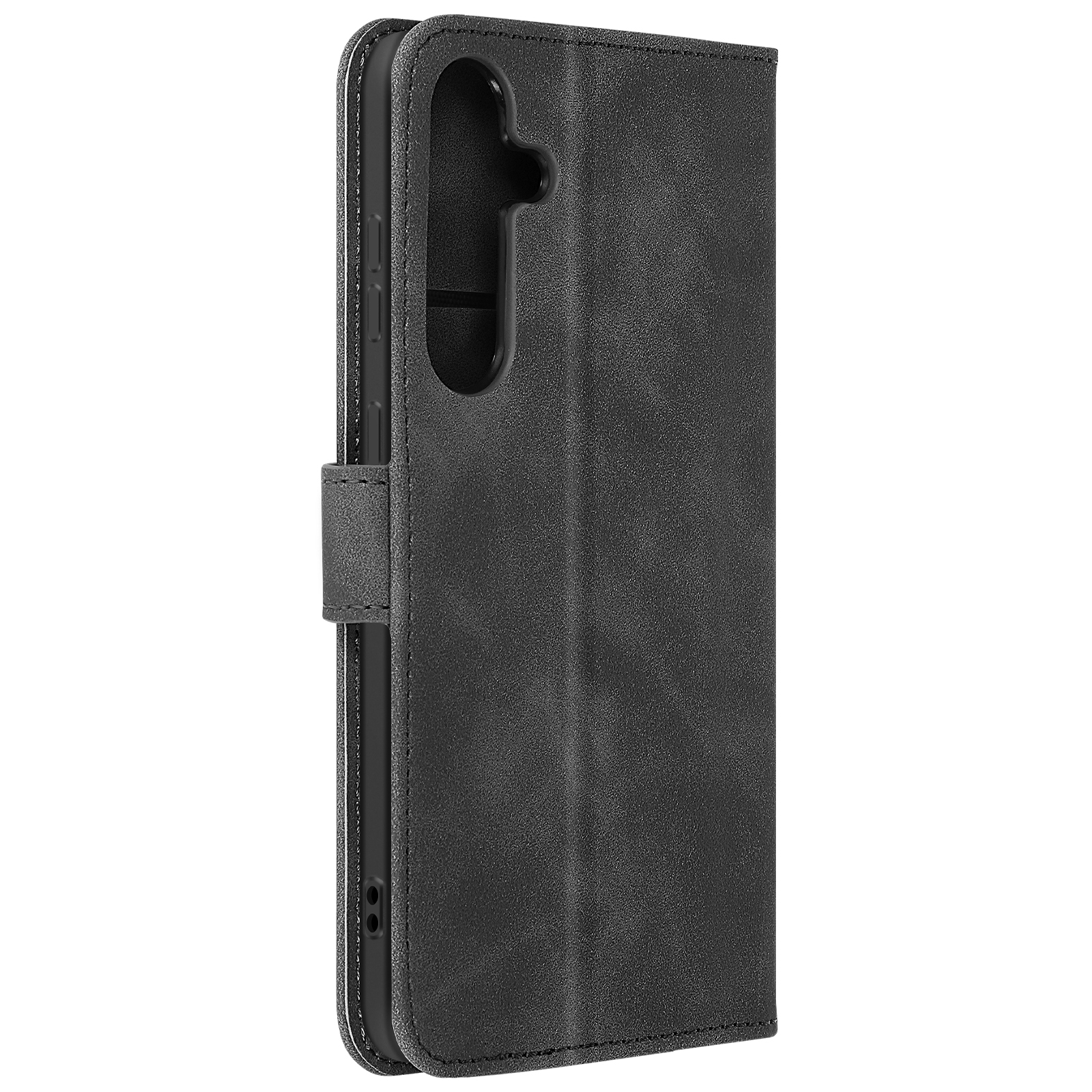 Custodia per telefono grigio scuro, chiusa. Cuciture bianche. Sfondo nero.