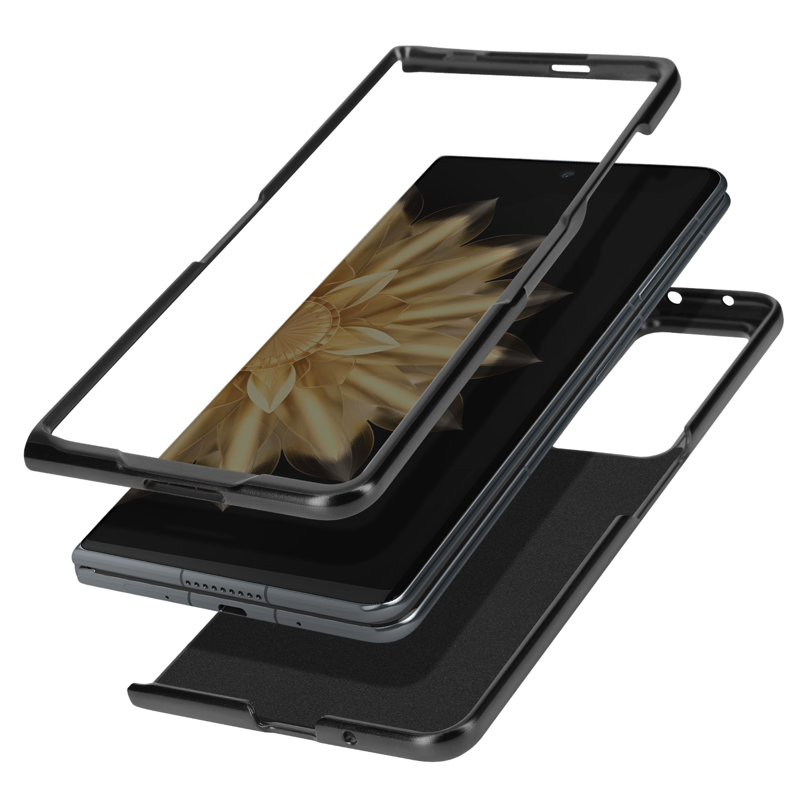 Vista esplosa di una custodia per telefono che mostra tre componenti: una cornice, un telefono e una cover posteriore.