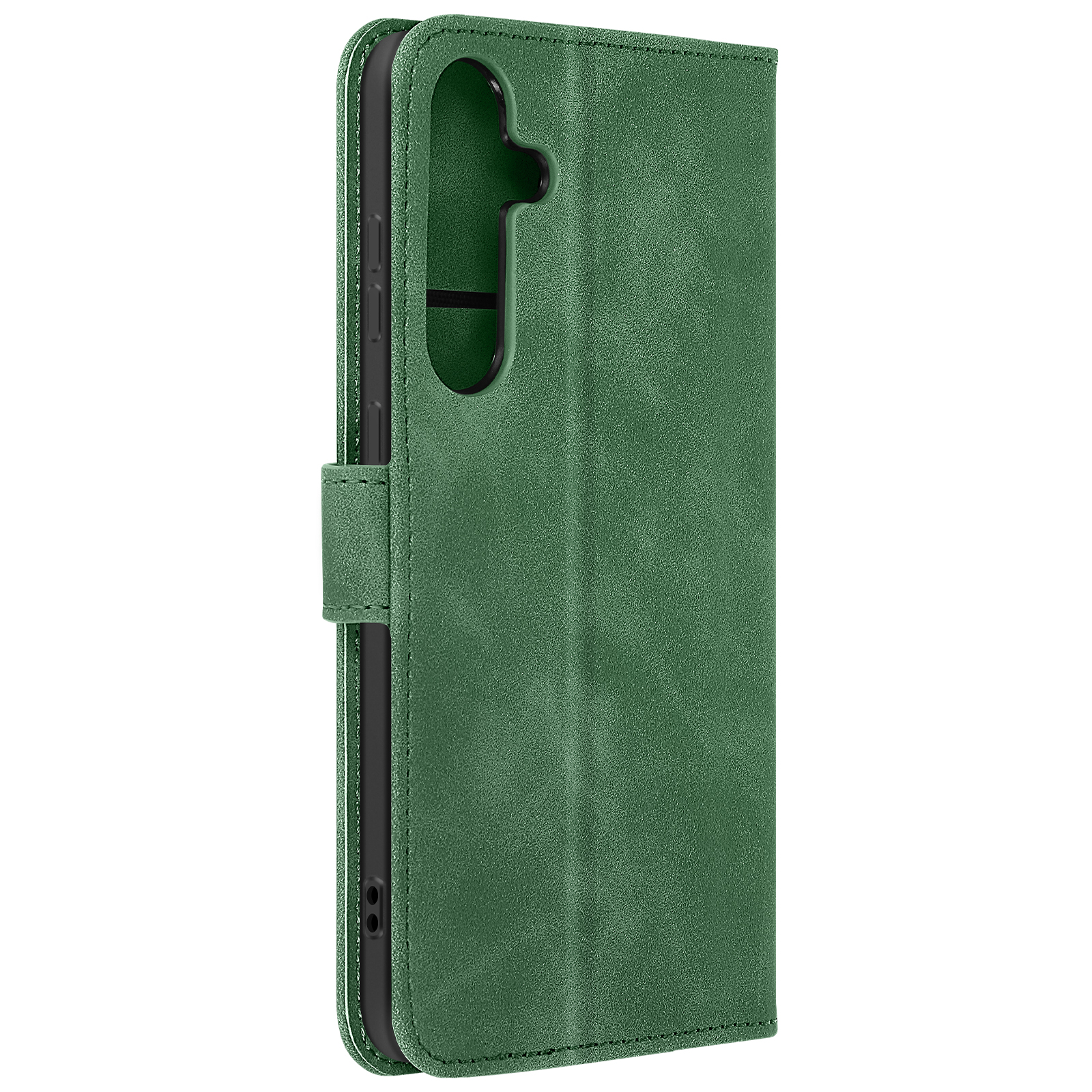 Custodia per telefono in pelle verde, aperta, con fessure per carte e chiusura magnetica.