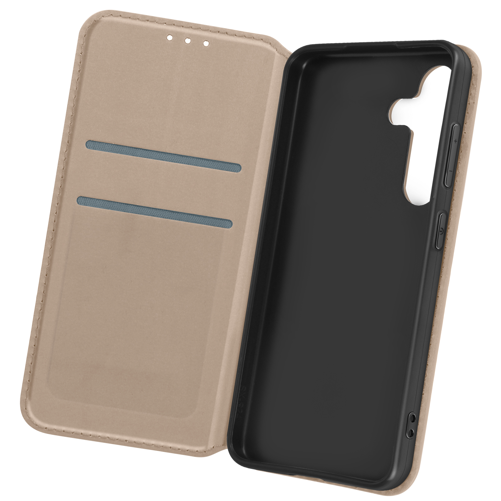 Custodia per telefono aperta. Esterno beige, interno nero. Fessure per carte e telefono.