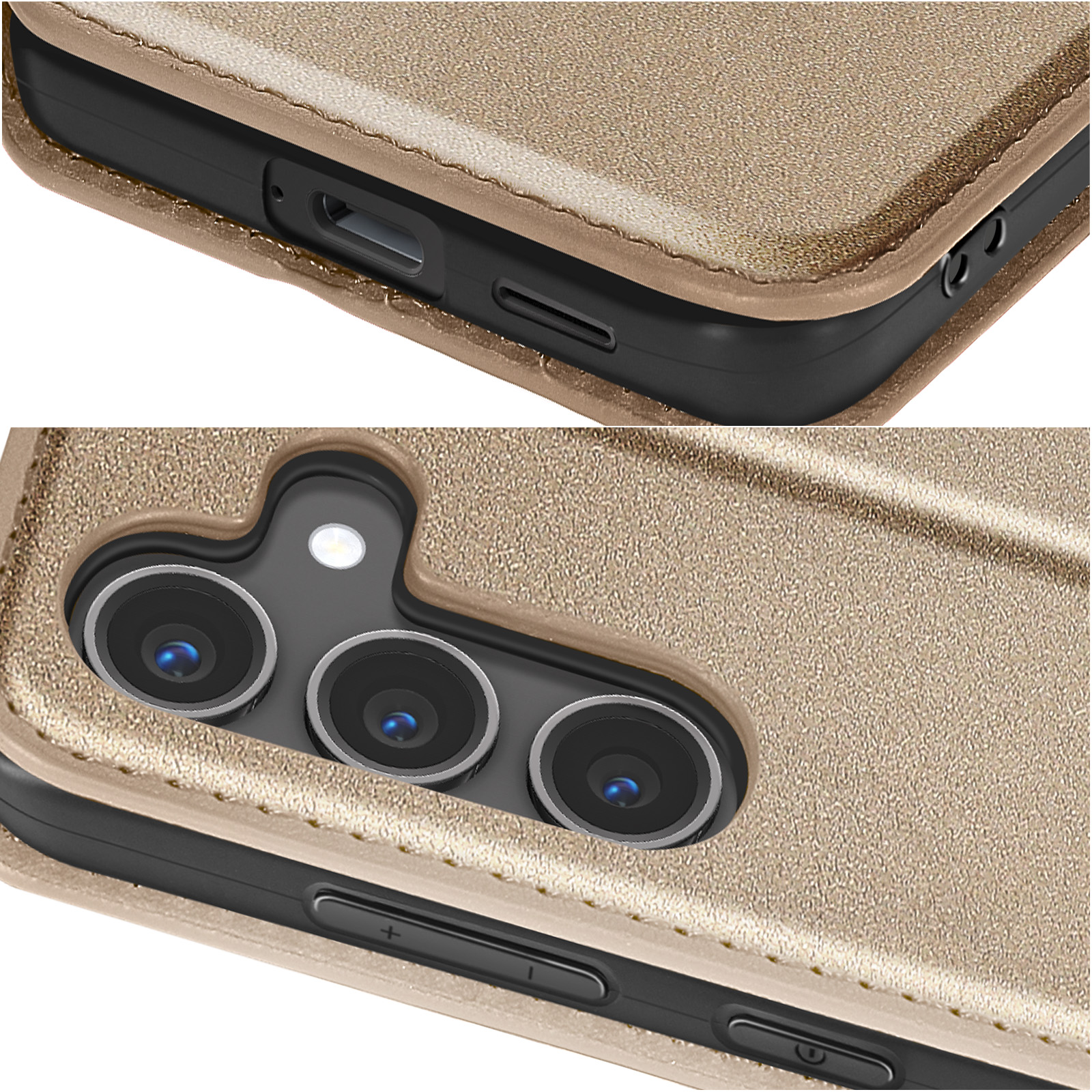 Primo piano di una custodia dorata per telefono, con porte, pulsanti e lenti della fotocamera.
