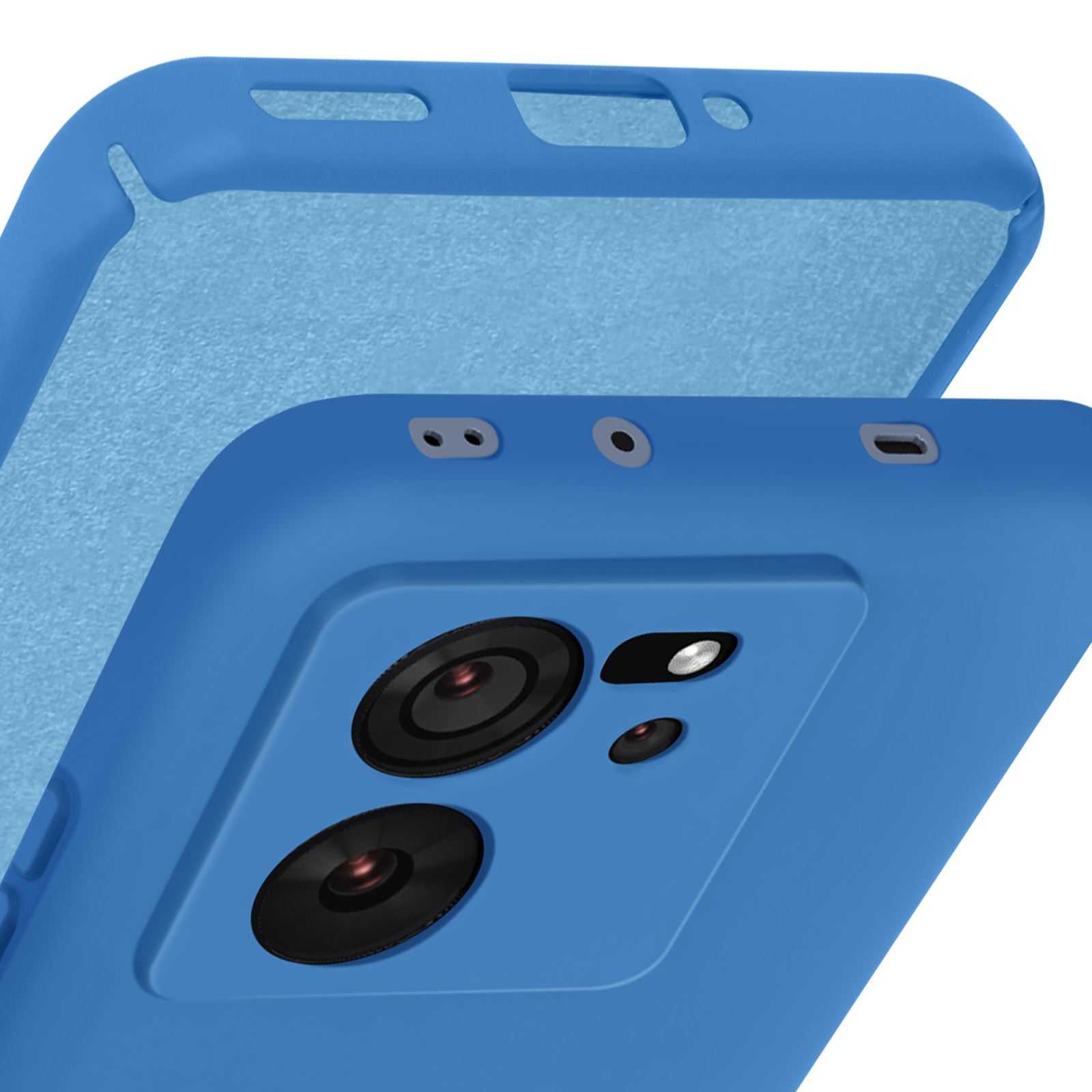 Custodia blu con fori per fotocamera. Parte superiore aperta, interno visibile.