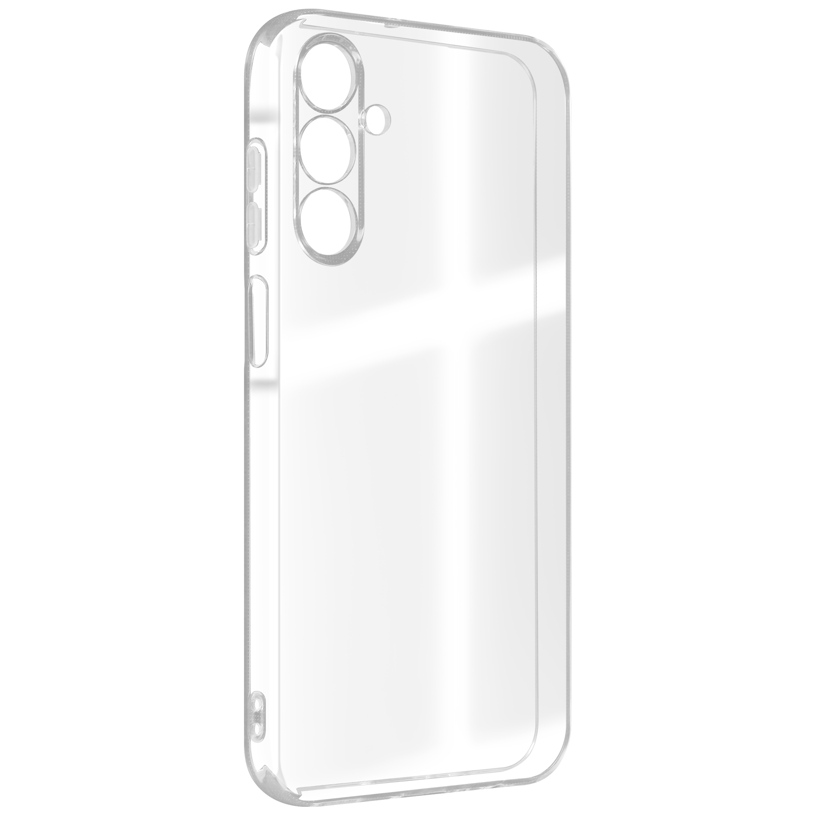Custodia trasparente per telefono. Fori per fotocamera e copri pulsanti. Sfondo bianco.