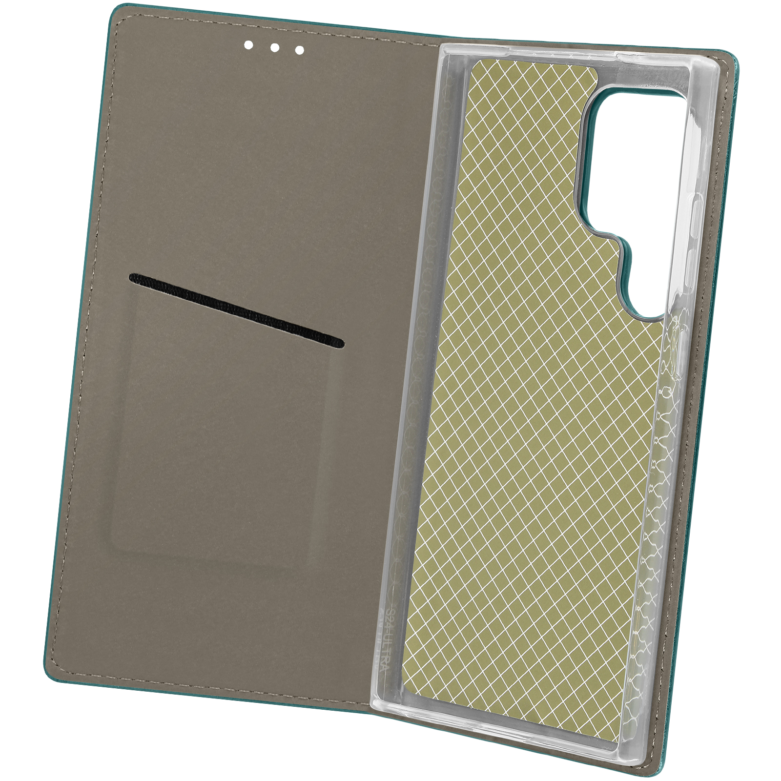 Geöffnete Handyhülle, grüner Außenbereich, transparenter Handyhalter mit grünem Muster.