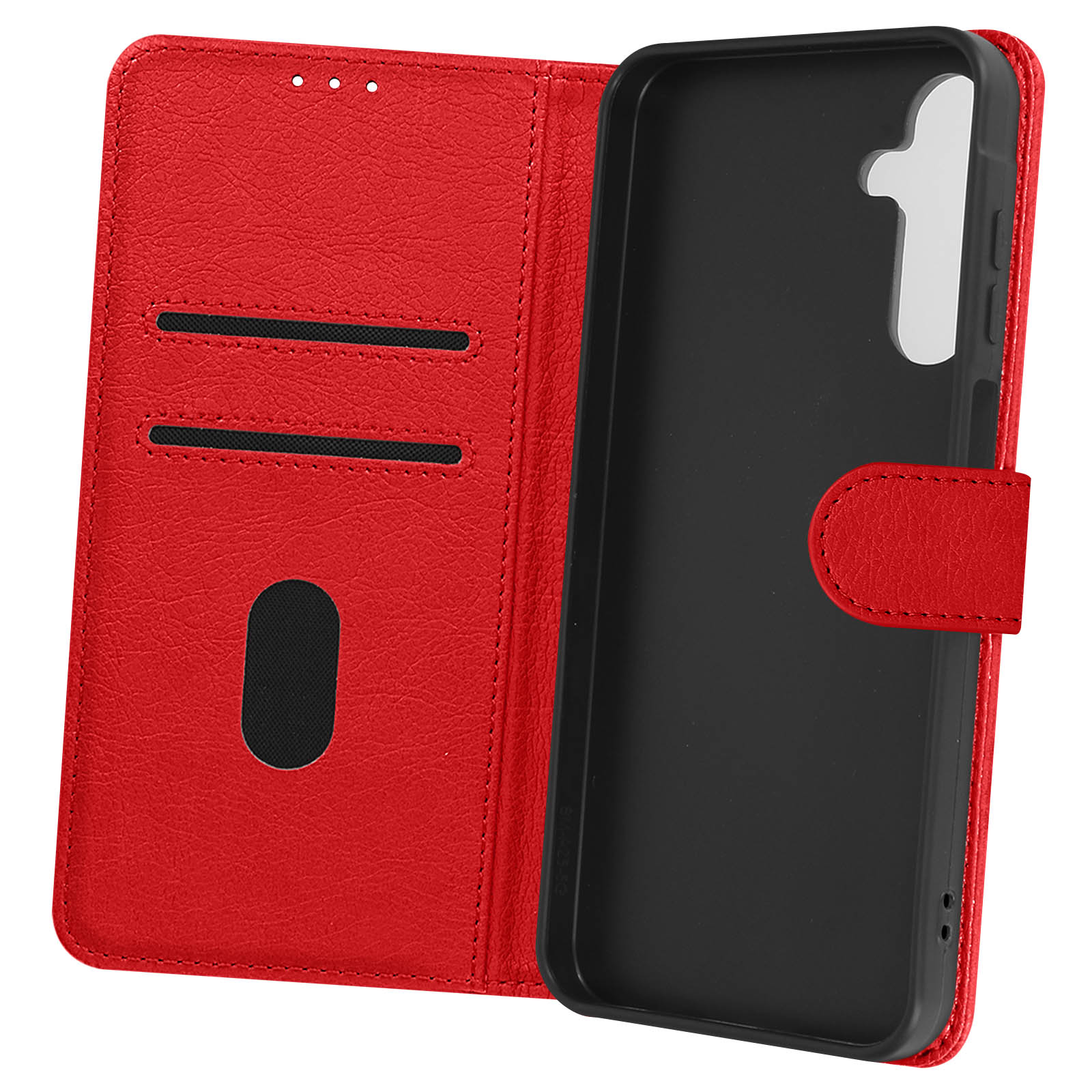 Custodia rossa per telefono aperta, rivela interno nero. Include slot per carte e chiusura.