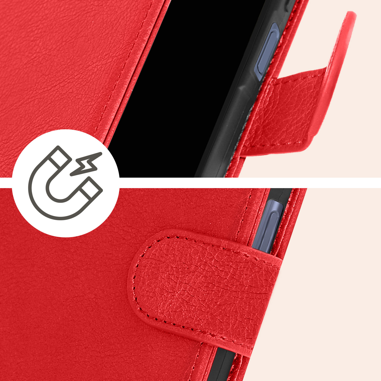 Custodia per telefono rossa, che mostra un telefono all'interno e un segnale magnetico a sinistra. Una penna è visibile.