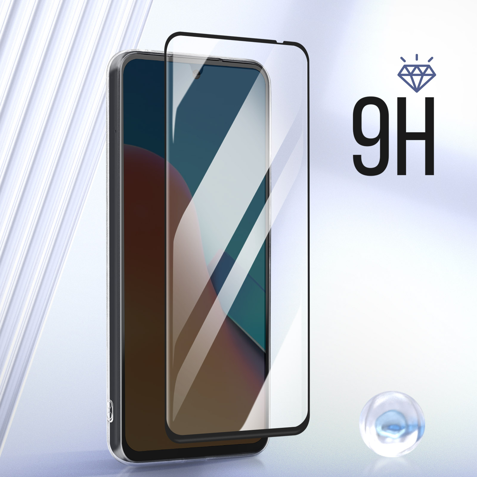 Telefono con protezione schermo e testo 9H. Un logo diamante e una piccola palla bianca sono mostrati.