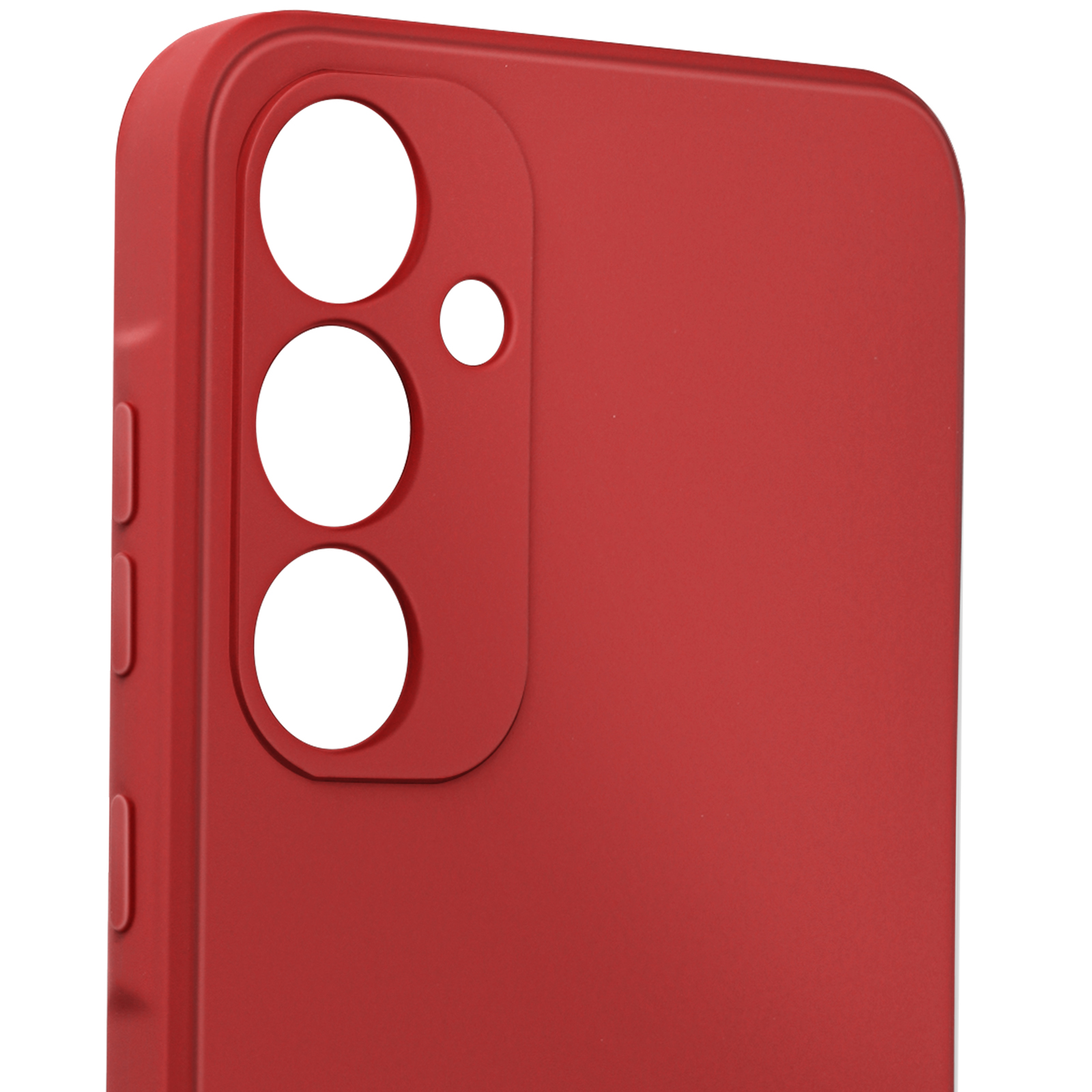 Custodia rossa per telefono con tre ritagli per fotocamera. La custodia è di colore pieno.