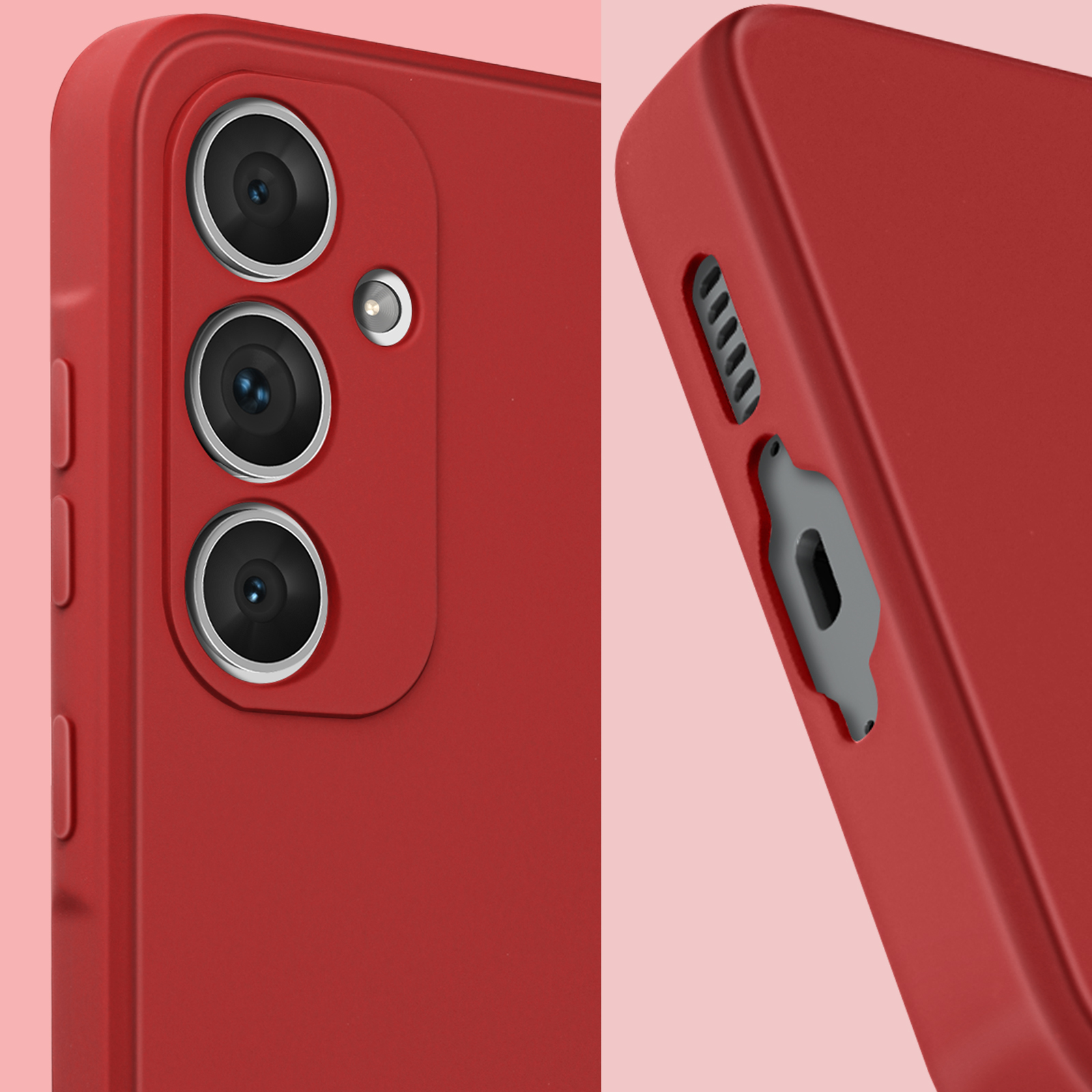 Custodia rossa con tre lenti della fotocamera su sfondo rosa.