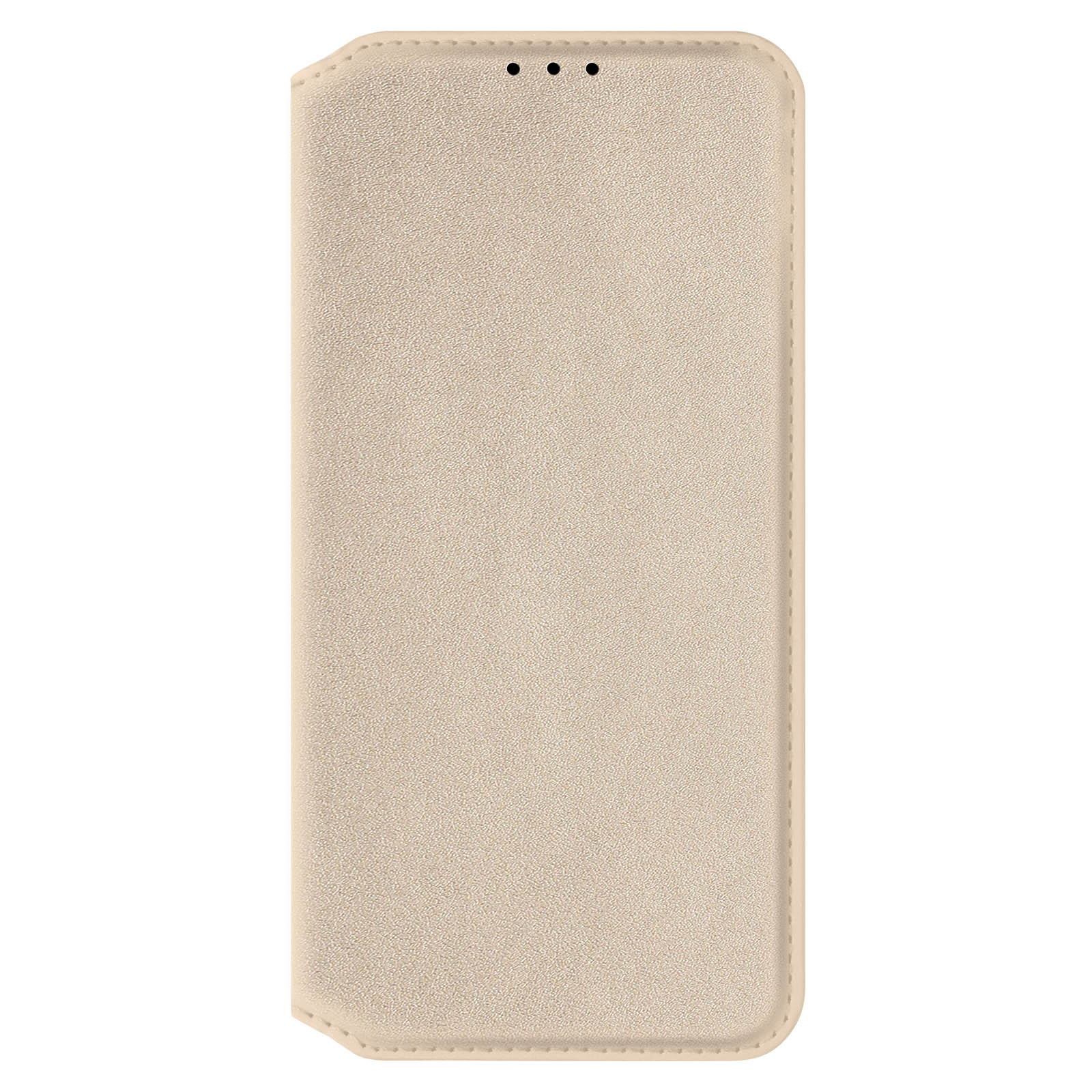 Custodia del telefono beige, chiusa. Tre piccoli fori nella parte superiore per l'altoparlante.
