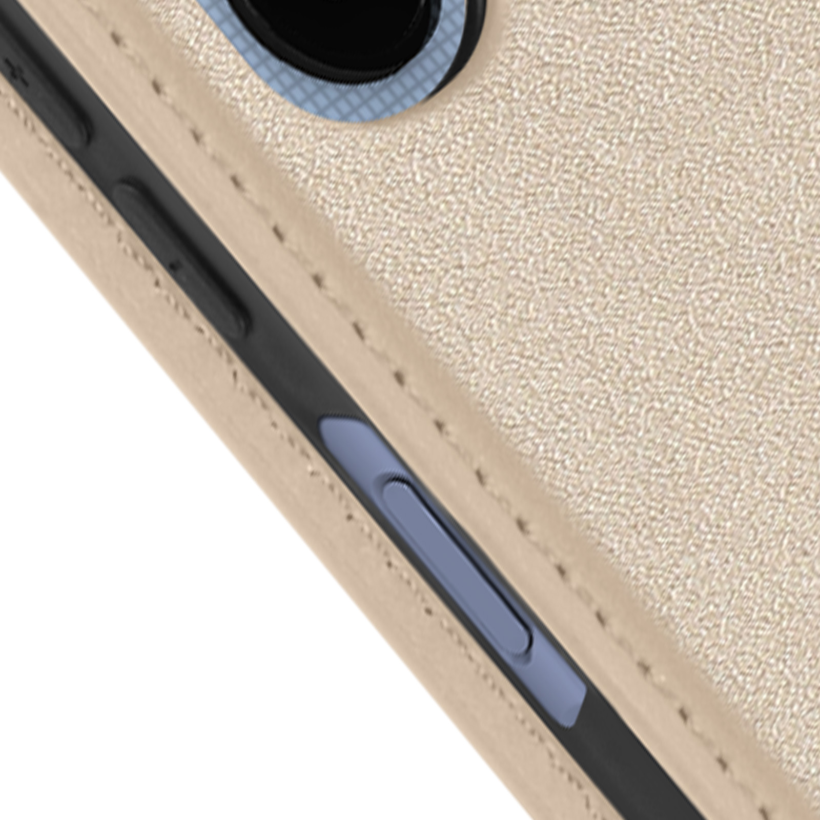 Primo piano di una custodia per telefono beige che mostra pulsanti e dettagli laterali.