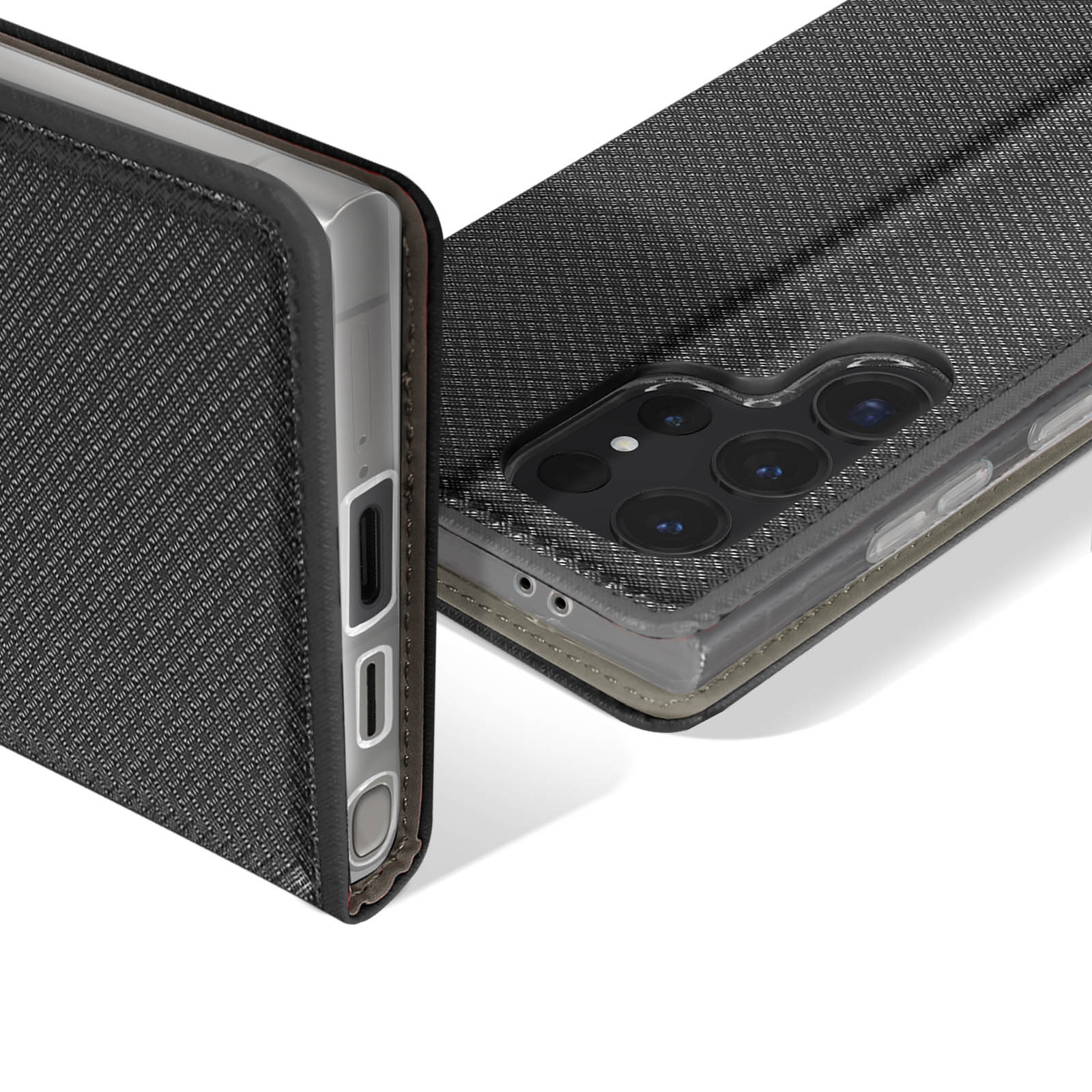 Une coque de téléphone montrant des détails comme le côté du téléphone et la texture de la coque, avec un fond blanc.