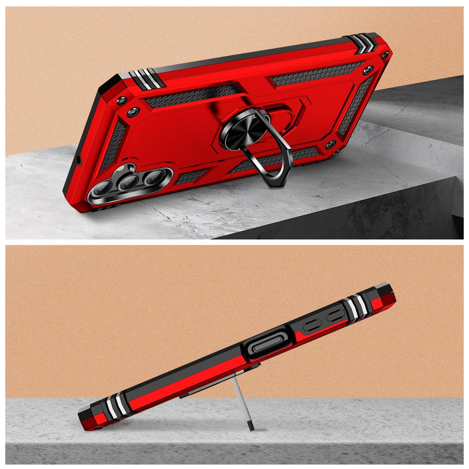 Una custodia per telefono rossa, con un cavalletto. La custodia è su una superficie di colore chiaro.