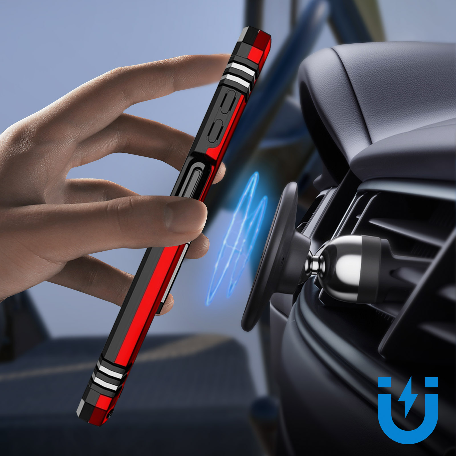Custodia per telefono rossa e nera in auto. Tenuta in mano vicino a un supporto magnetico.