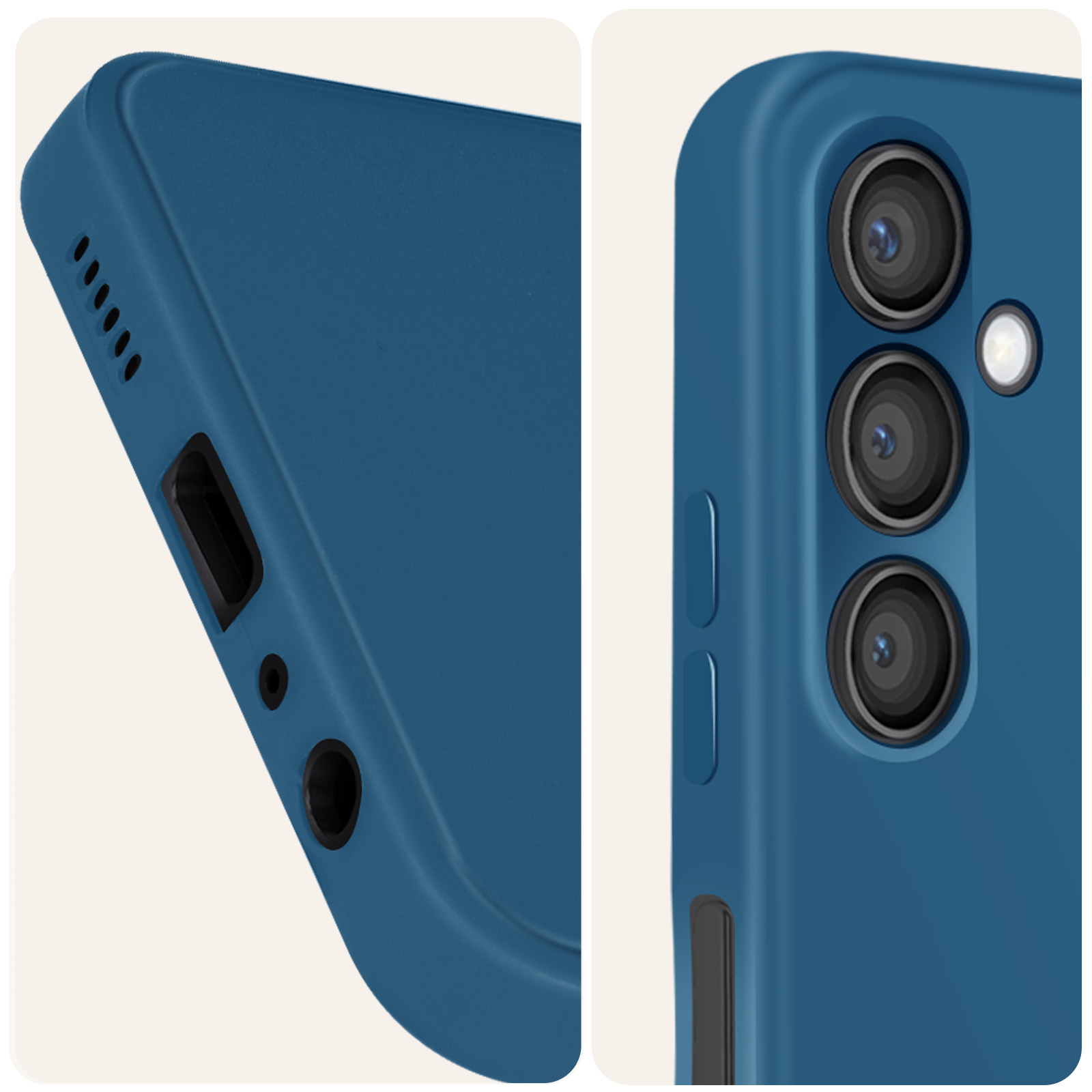 Primo piano di una custodia blu per telefono, dettagli delle porte e dei pulsanti.