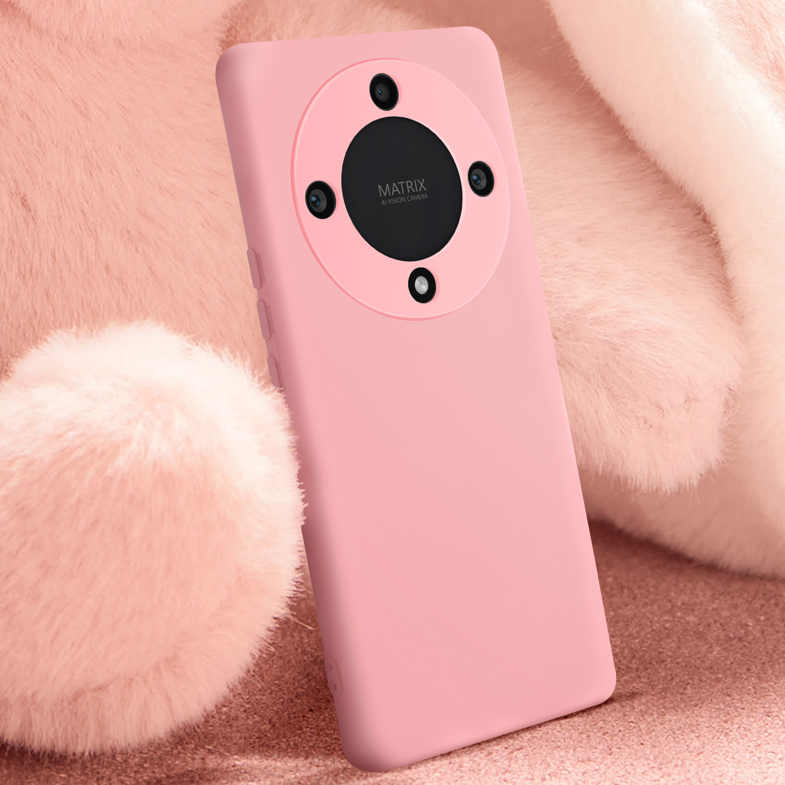 Une coque de téléphone rose avec une zone de caméra qui dit 'MATRIX AI VISION CAMERA'.