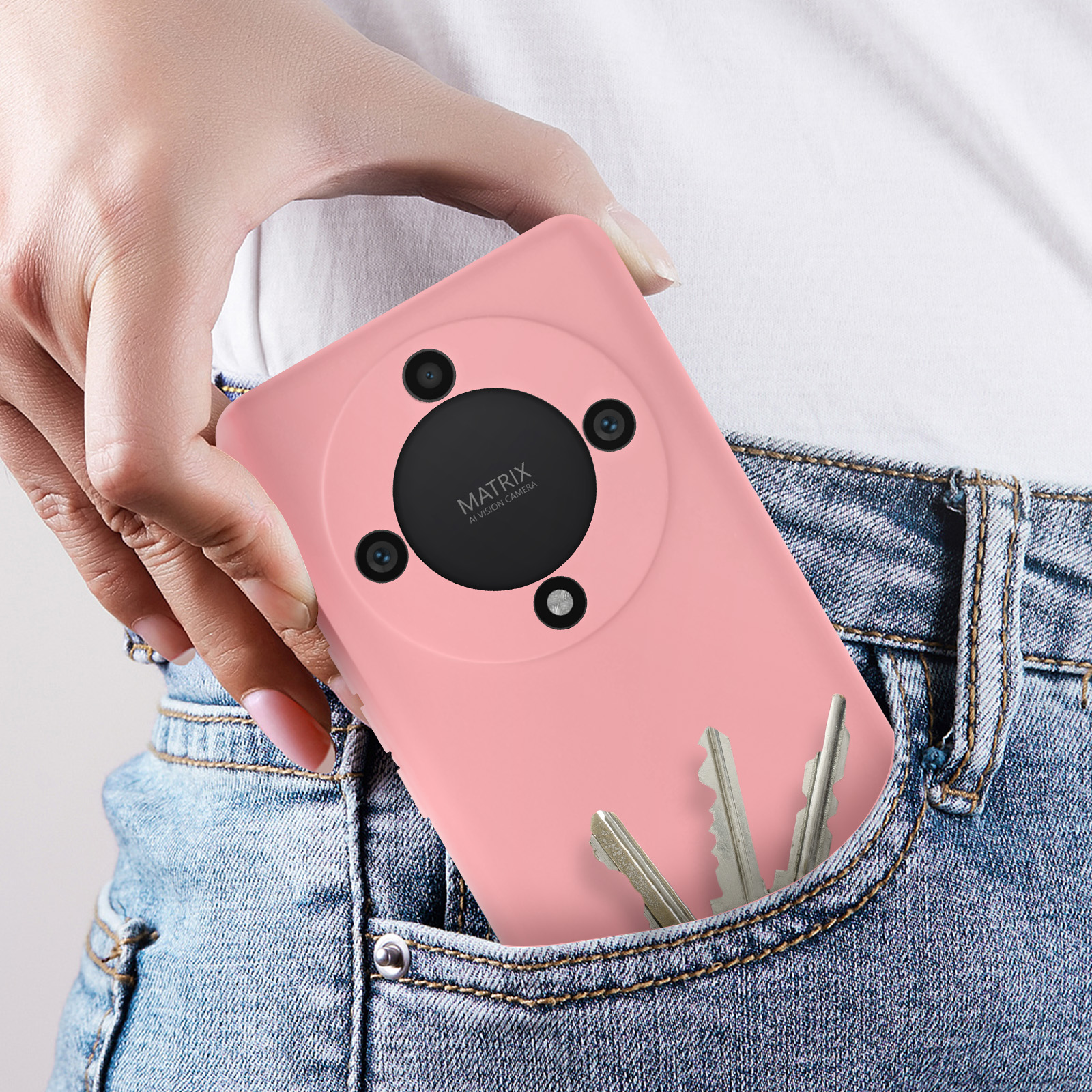 Un étui de téléphone rose avec un anneau de caméra dans une poche avec des clés.