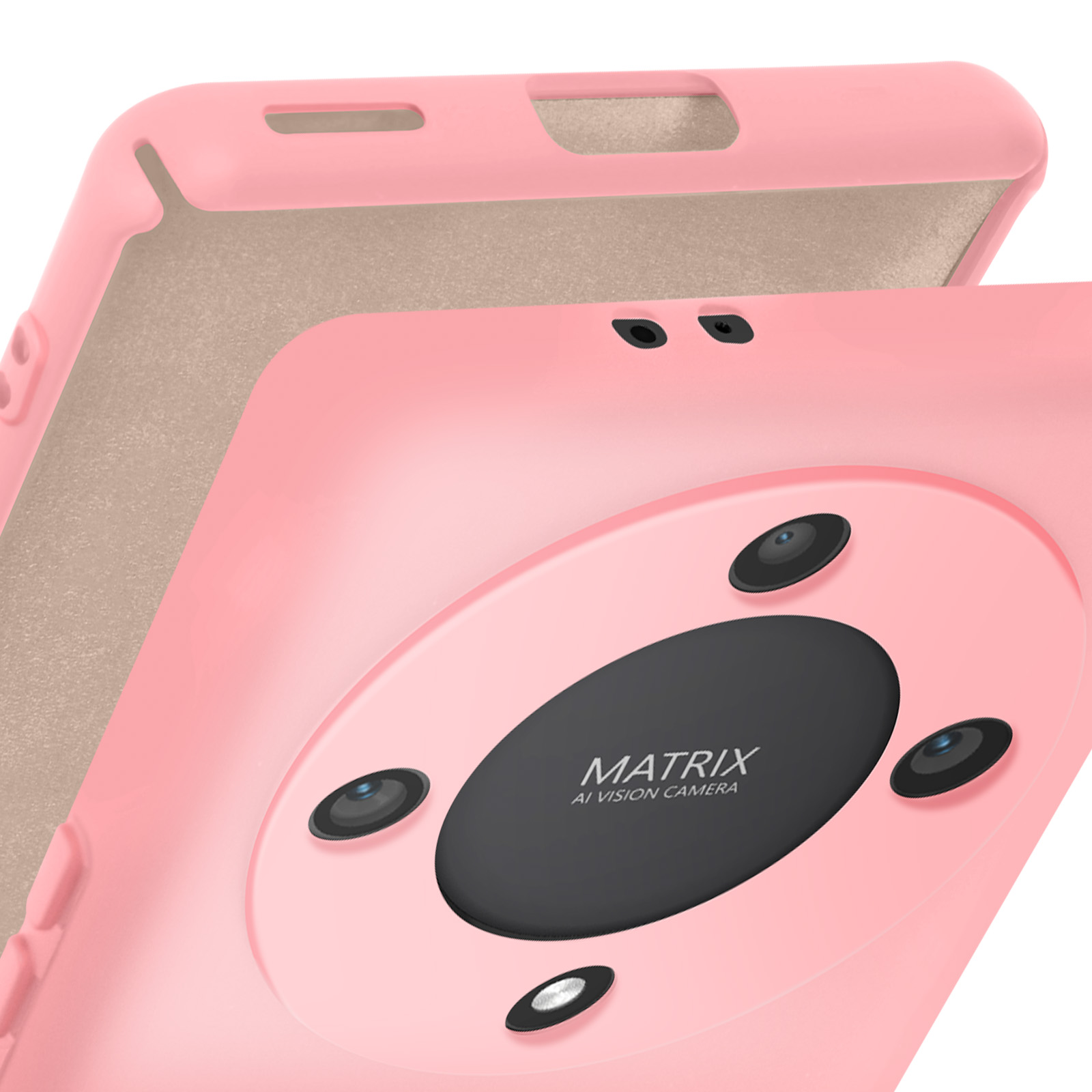 Coque de téléphone rose, ouverte. Intérieur beige, avec anneau de caméra noir.