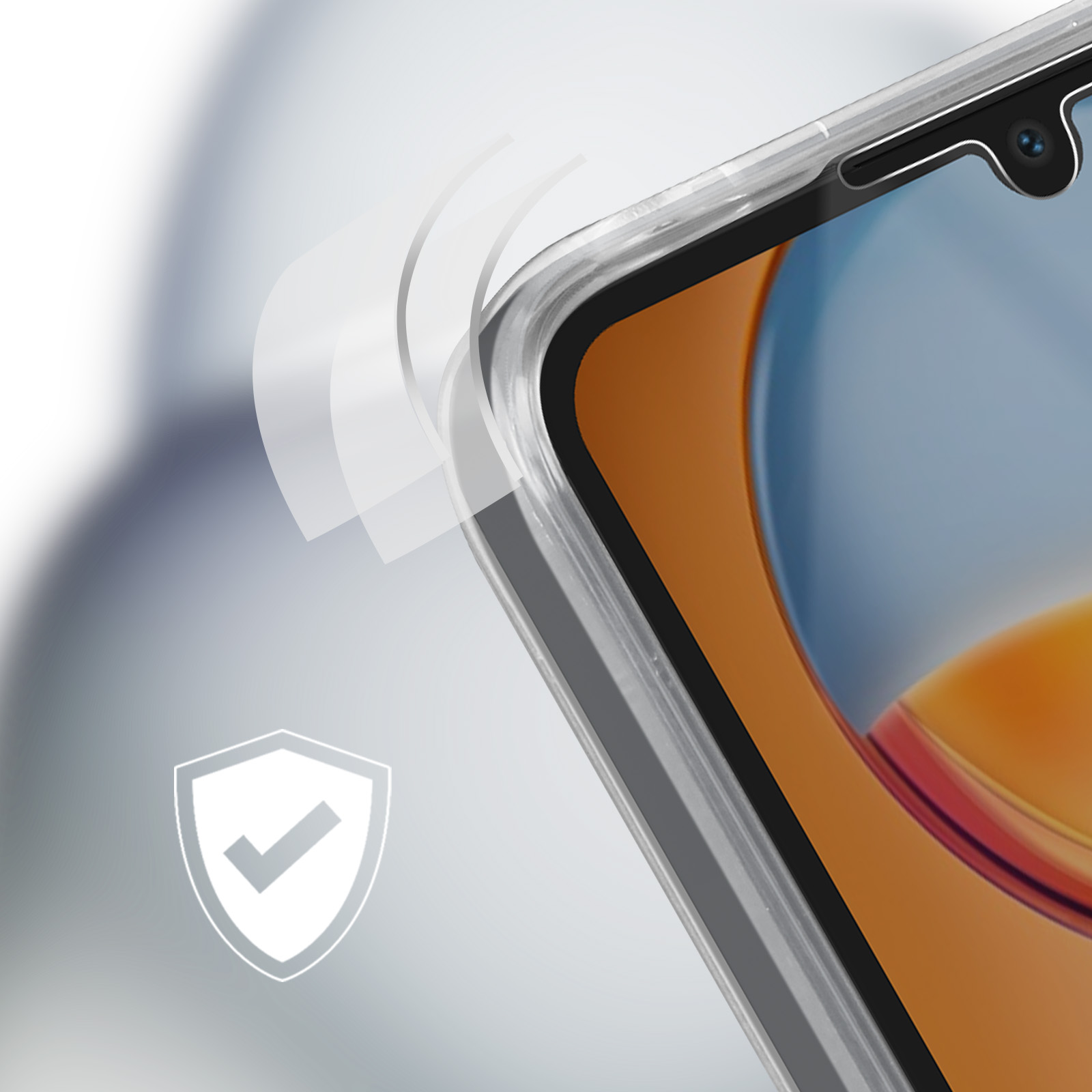 Schermo del telefono con copertura protettiva, icona scudo con segno di spunta bianco, sfondo bianco.