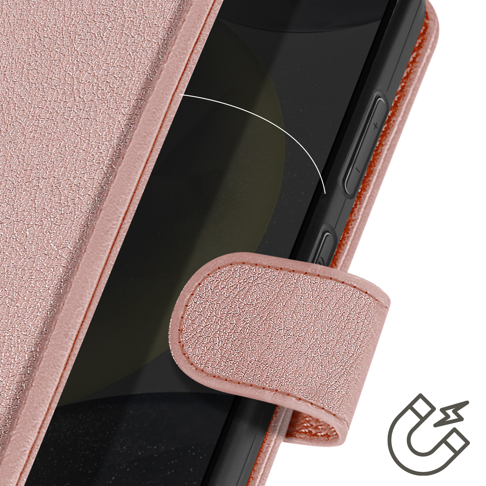 Primo piano di custodia rosa con chiusura magnetica e telefono.