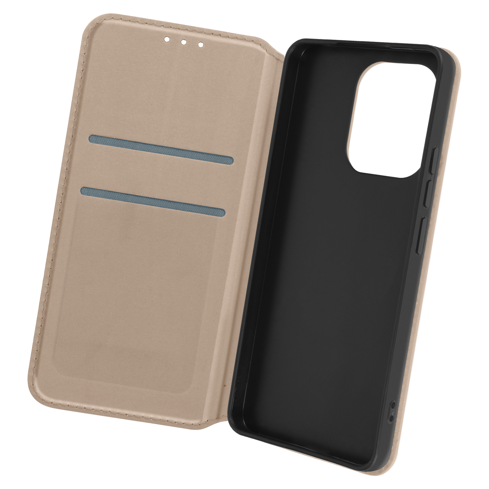 Custodia per telefono beige, aperta, con supporto nero per telefono, due slot per schede. Isolato su bianco.