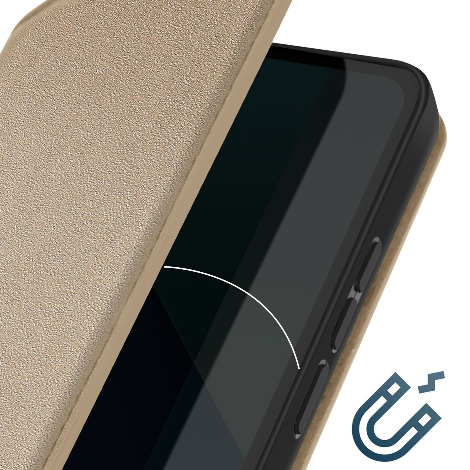 Primo piano di una custodia per telefono che mostra una connessione magnetica, con icona calamita.