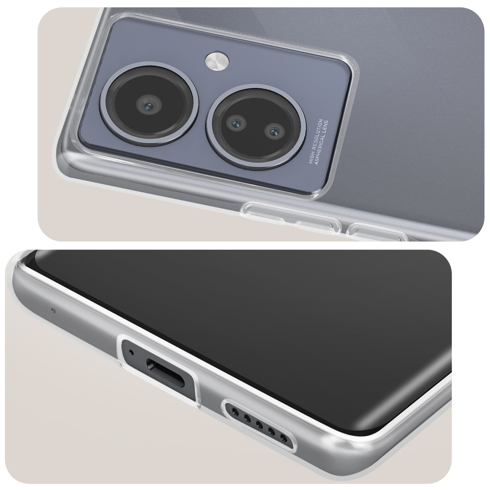 Custodia del telefono con lenti visibili e schermo del telefono. Plastica trasparente su sfondo bianco.