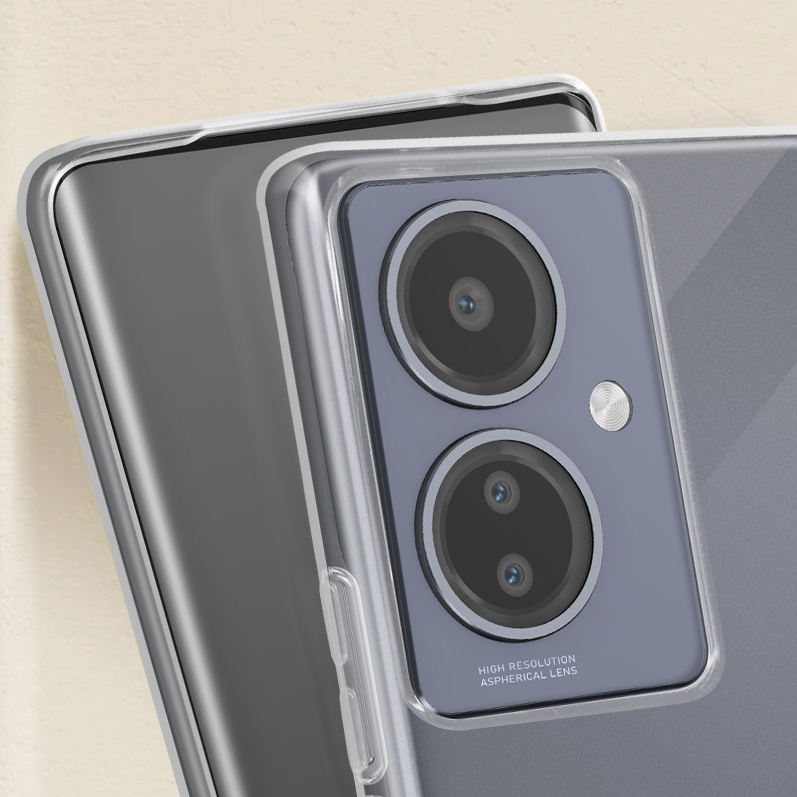 Primo piano di una custodia per telefono con un telefono all'interno, che mostra la fotocamera e i pulsanti.