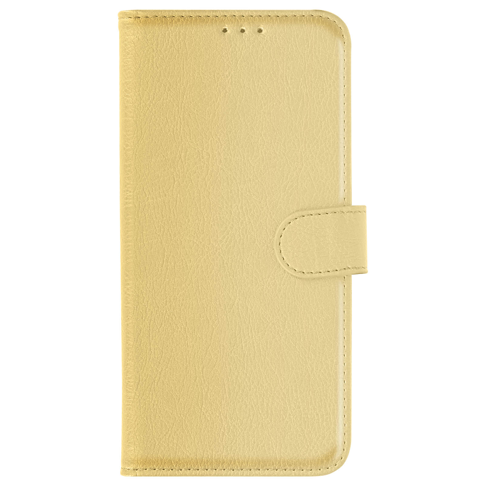 Funda de teléfono amarillo claro, cerrada. Hecha de cuero, con solapa y cierre de botón.