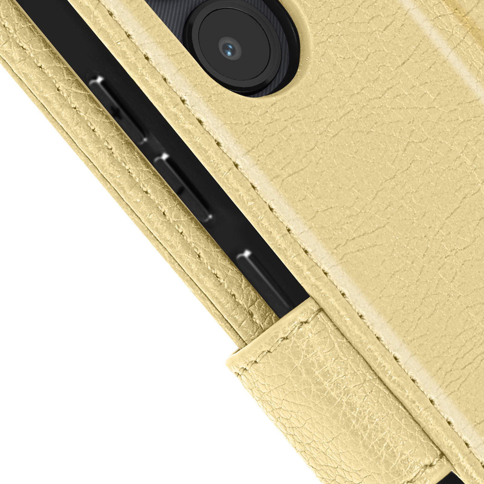 Primer plano de una funda de teléfono abierta. La cámara es visible, y los botones.