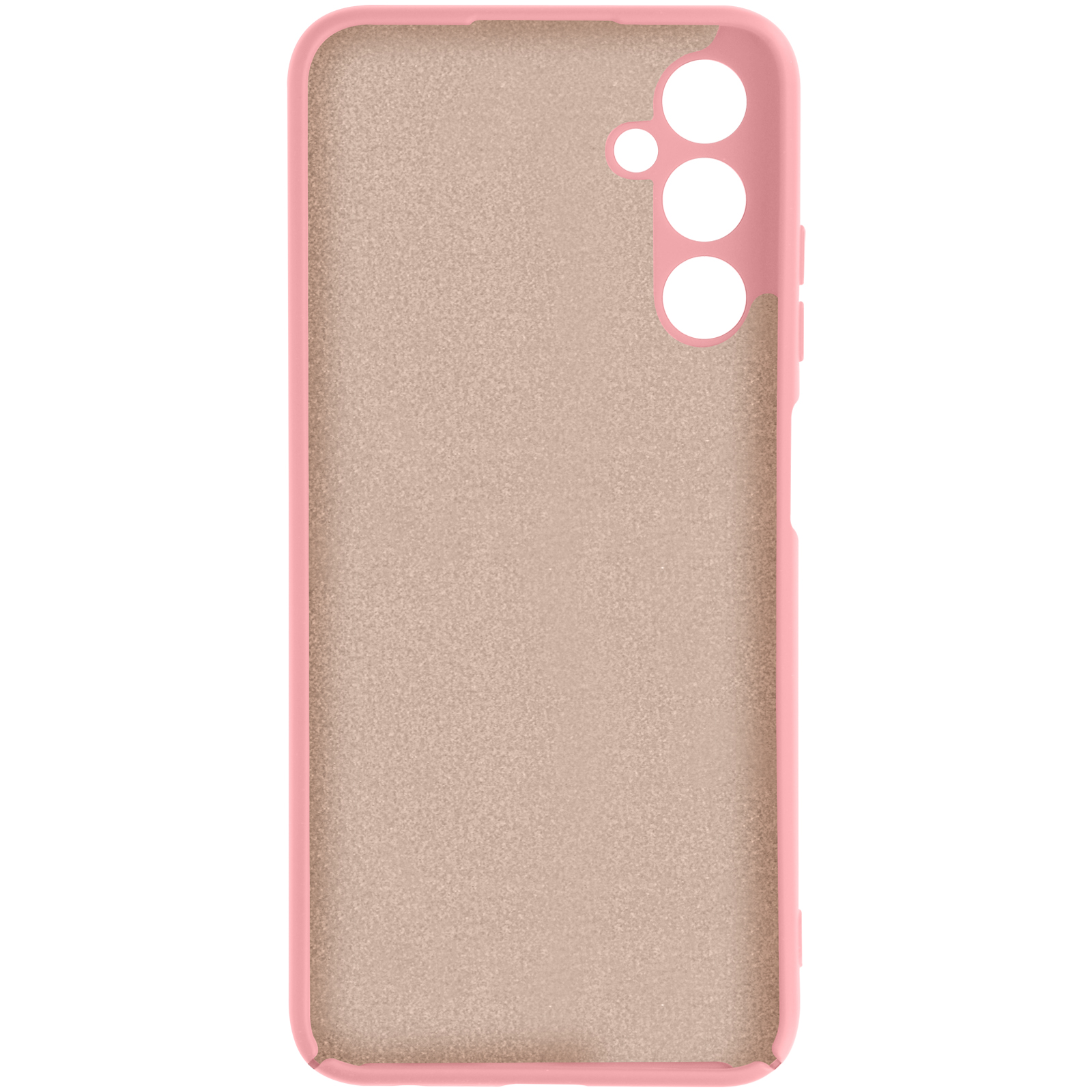 Intérieur d'étui de téléphone rose. Intérieur beige, avec découpes pour caméra.