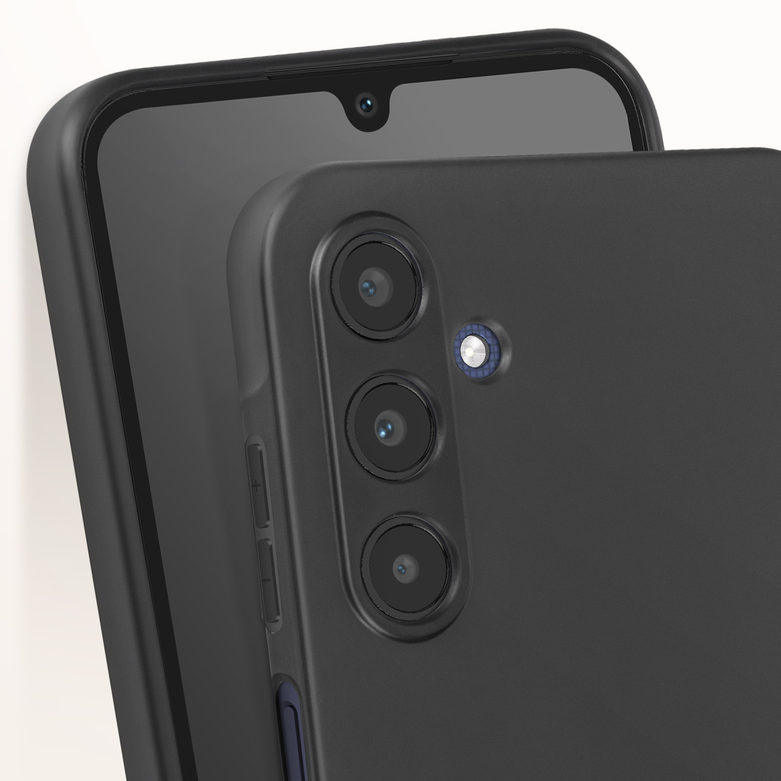 Primo piano di una custodia nera con un telefono. Il telefono ha più fotocamere.
