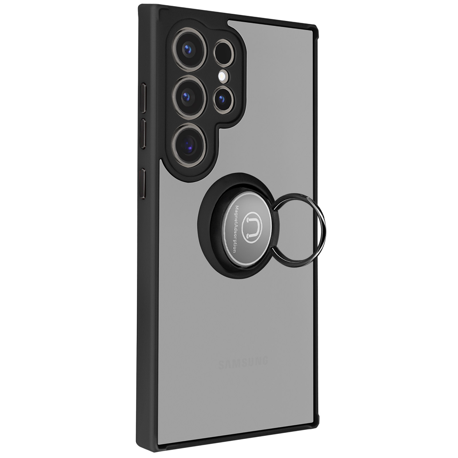 Una custodia grigia per telefono con un porta anello attaccato. La custodia del telefono è su sfondo bianco.