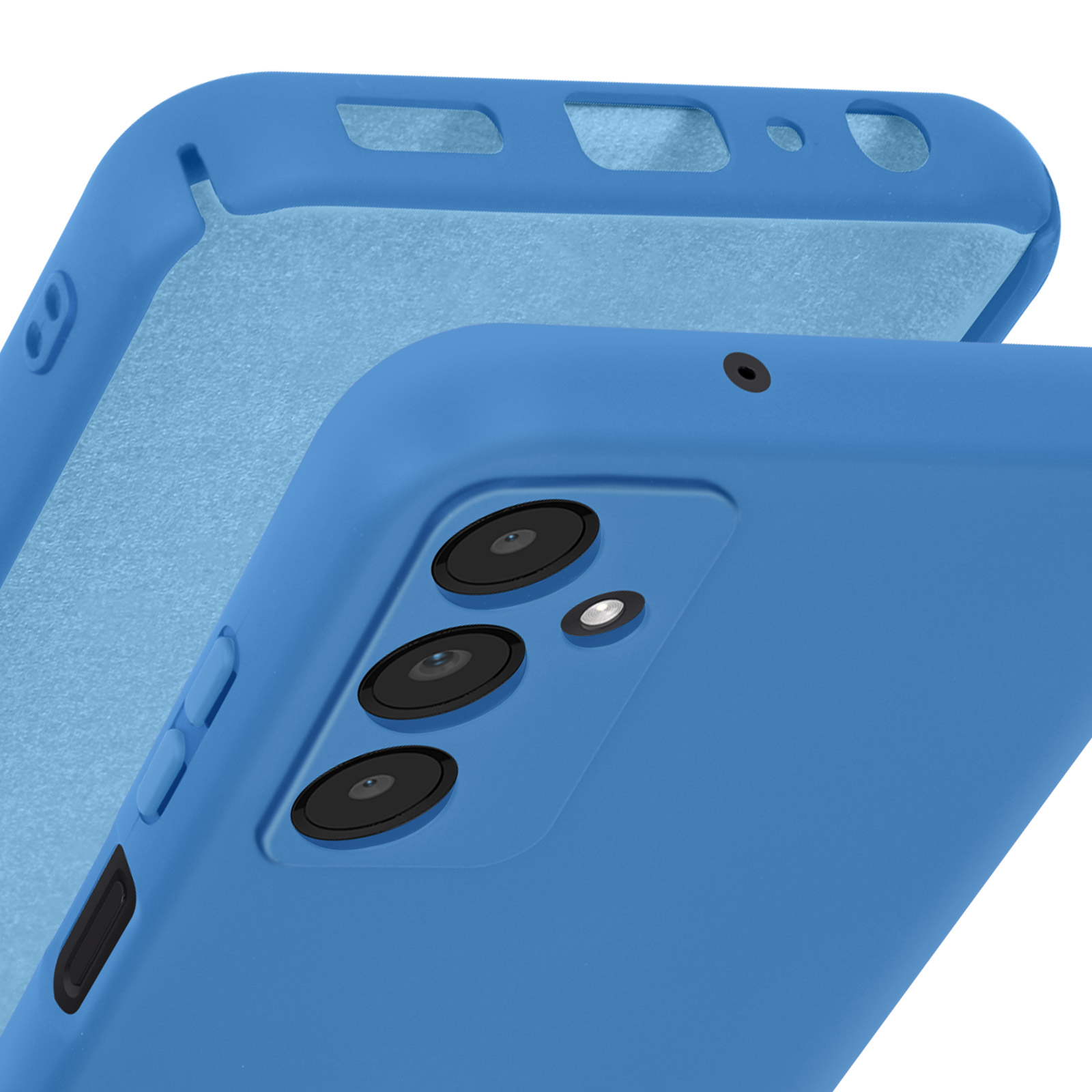 Custodia blu per telefono, la parte superiore è aperta per mostrare l'interno. Obiettivi della fotocamera visibili.
