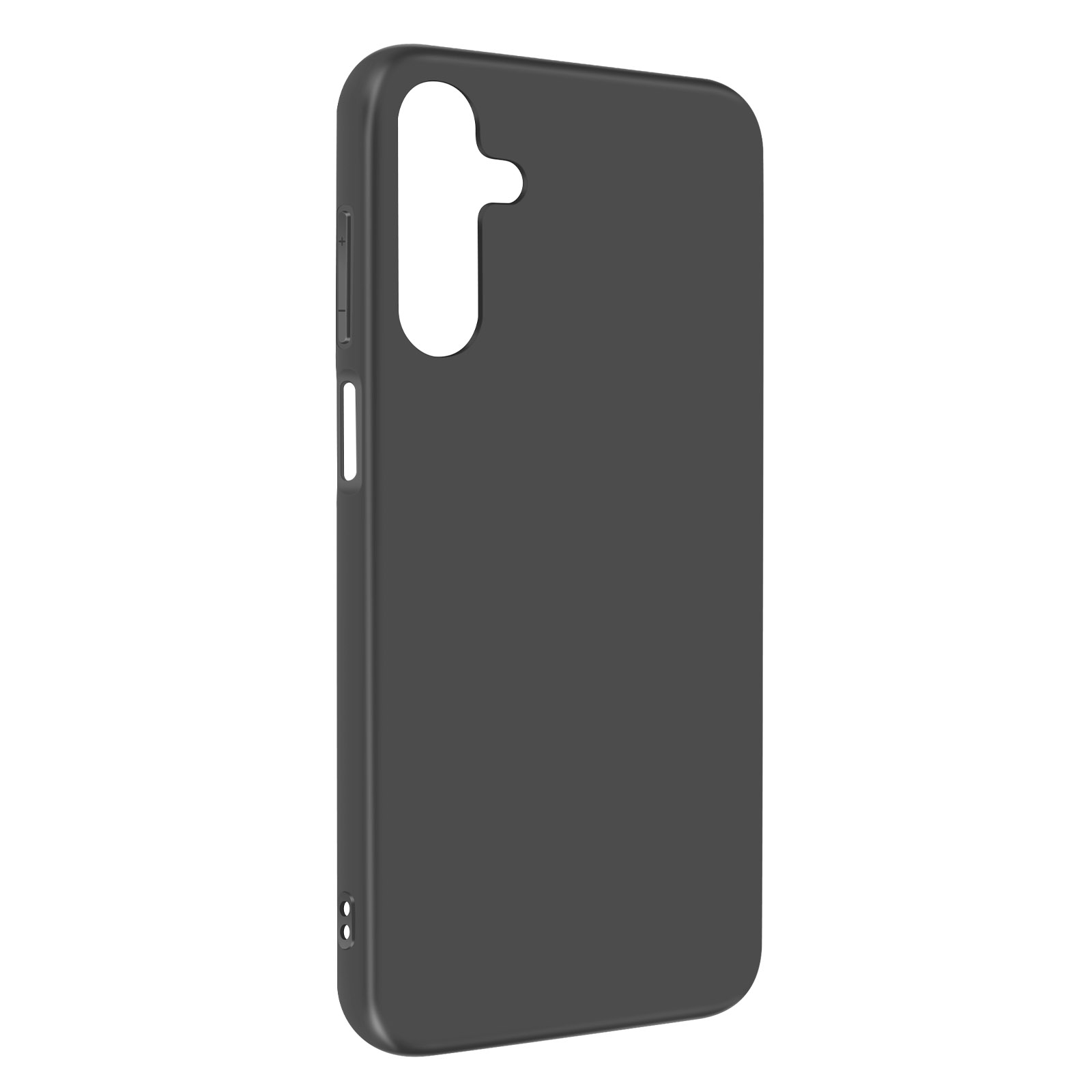 Custodia per telefono nera tinta unita. Vista laterale, ritagli per fotocamera e pulsanti visibili.
