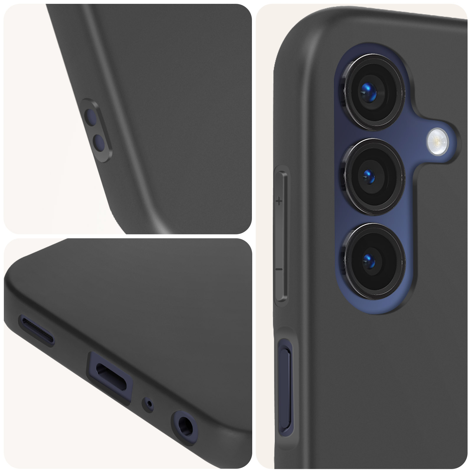 Primi piani di una custodia nera per telefono. Mostra porte, fori per la fotocamera e pulsanti. Sfondo bianco.