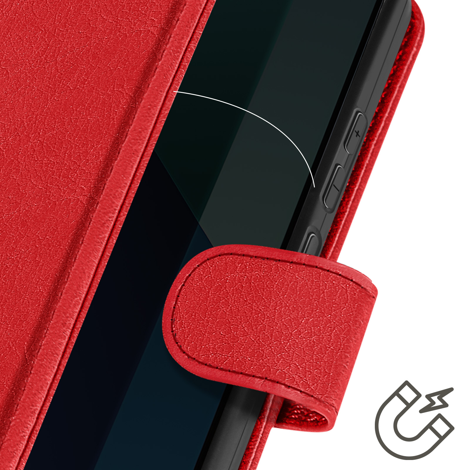Custodia del telefono rossa chiusa, con un'icona di chiusura magnetica.