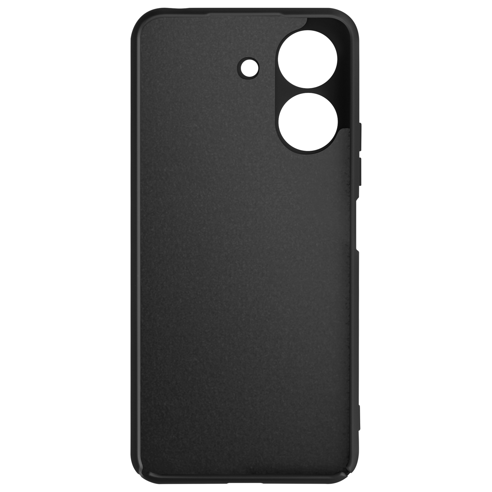 Una semplice custodia nera con due fori per la fotocamera e un foro superiore.