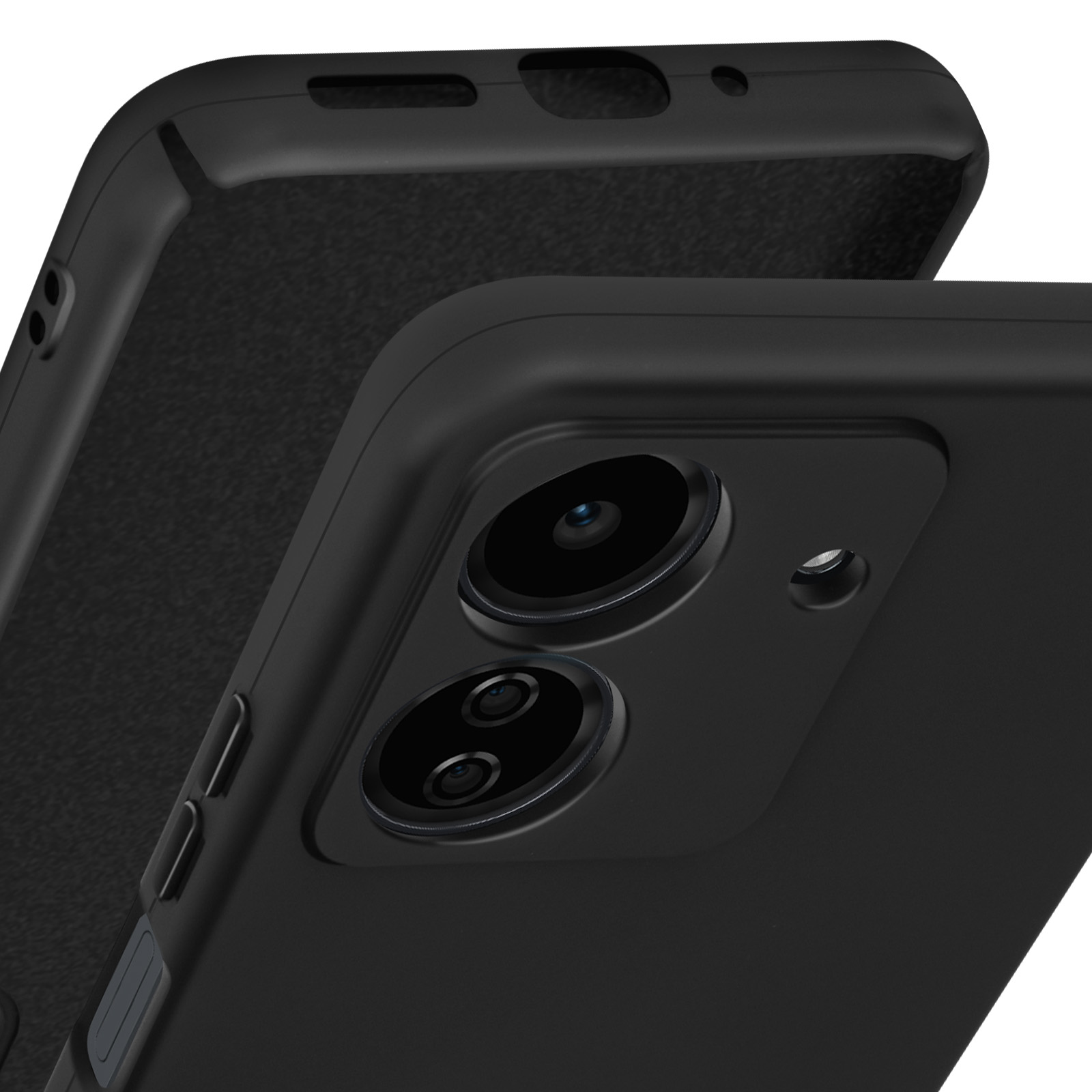 Primo piano di una custodia nera per telefono con ritagli per la fotocamera. Un'altra parte della custodia è visibile sullo sfondo.